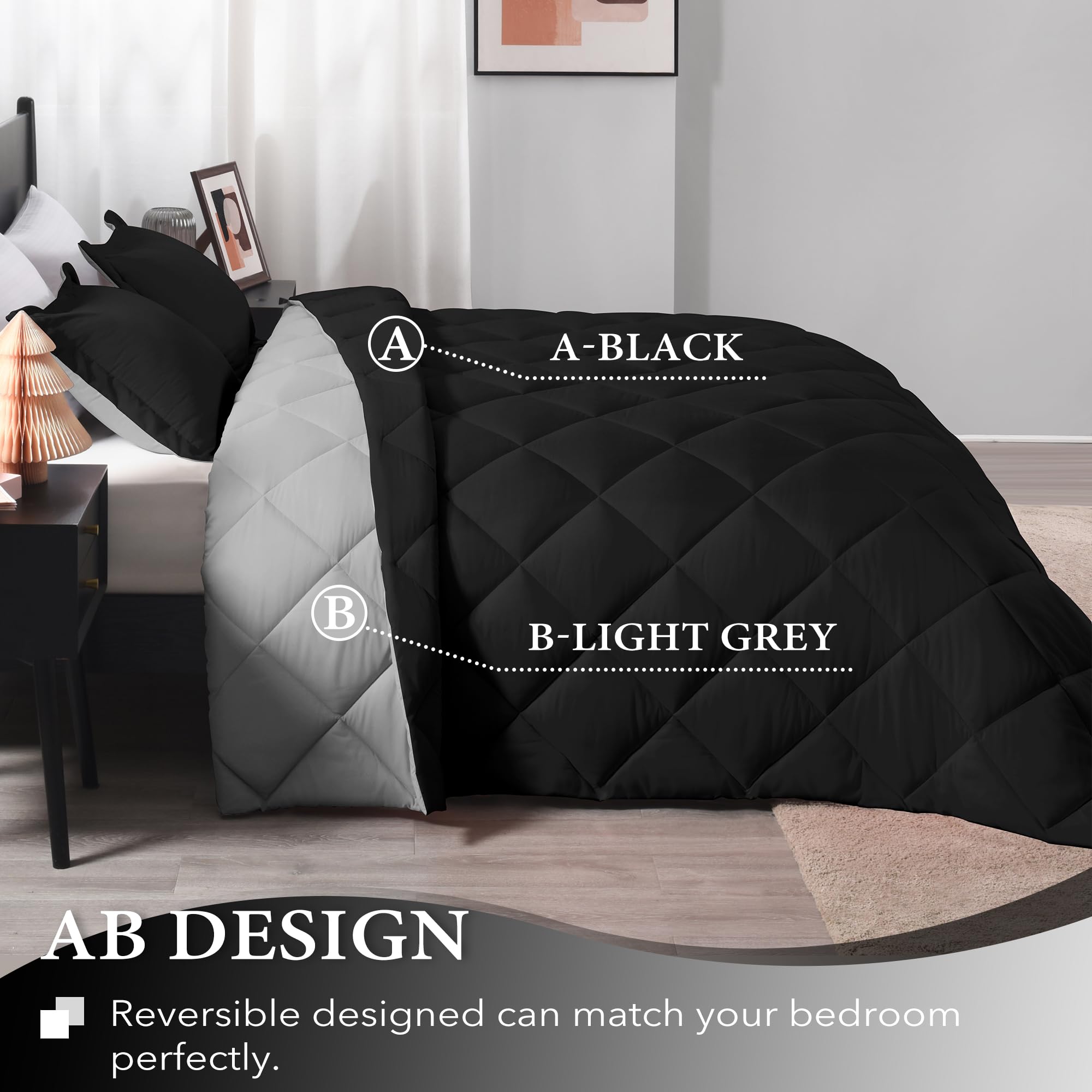 Downluxe Full Size Comforter Set - Black And Grey Full Comforter - Soft Bedding Sets For All Seasons -3- Piece Comforter Set Full With 2 Reversible Pillow Shams