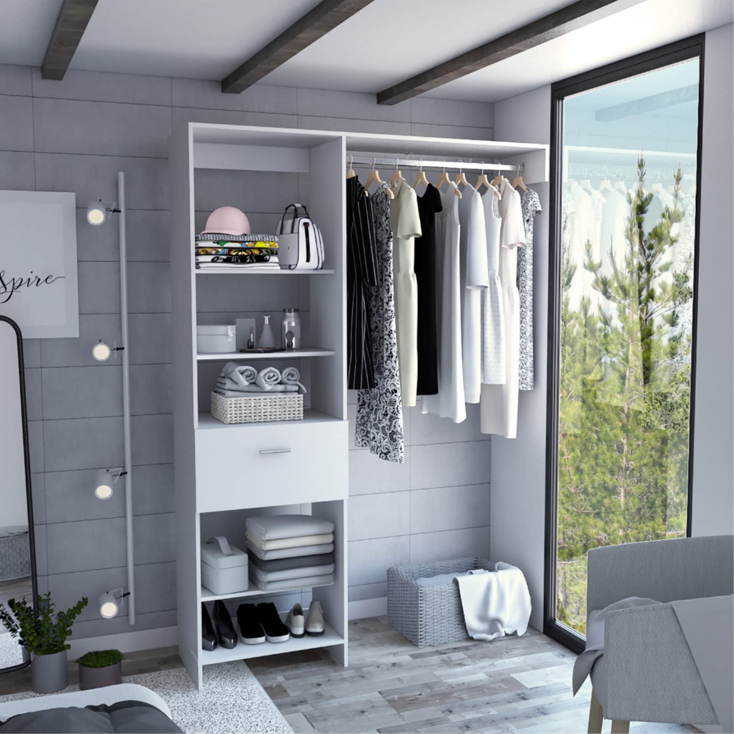 Dynamic 150 Closet System, 5 Open Shelves, 1 Drawer, 1 Metal Rod, White
