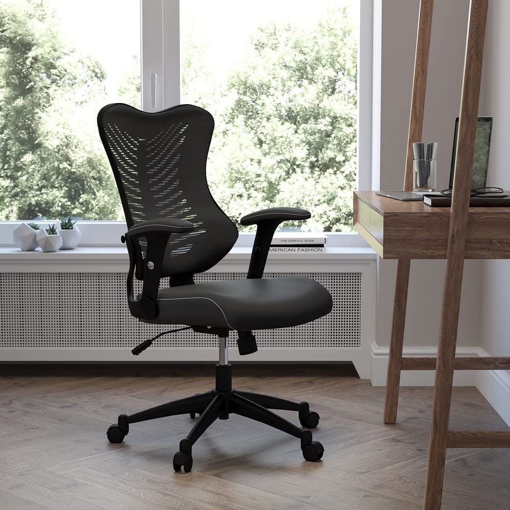 Flash Furniture Kale High Back Designer Black Mesh Executive Swivel Ergonomic Office Chair With Leathersoft Seat And Adjustable Arms