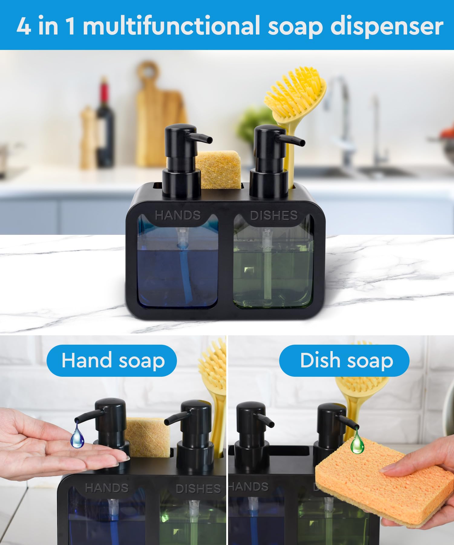 Kitchen Hand Soap And Dish Soap Dispenser Set, Dual Soap Dispenser With Sponge Caddy And Brush Holder 4-In-1 Organizer For Kitch