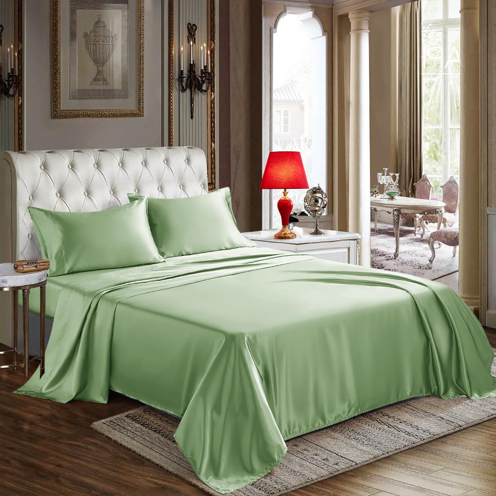 Cozylux Satin Sheets Full Size - 4 Piece Sage Green Bed Sheet Set With Silky Microfiber, 1 Deep Pocket Fitted Sheet, 1 Flat Shee