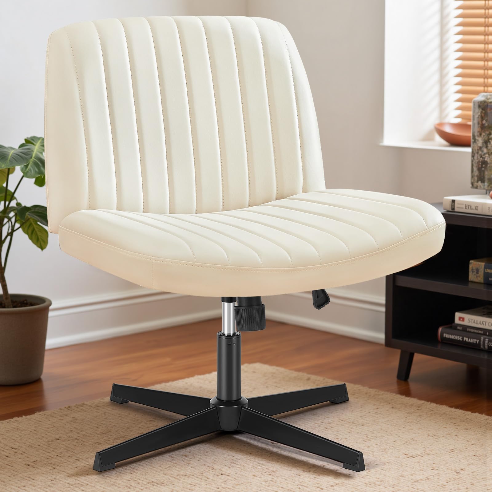 DUMOS Desk Chair No Wheels, Criss Cross Chair Wide Cross Legged Office Desk Vanity Chair, PU Leather Armless Adjustable Swivel C