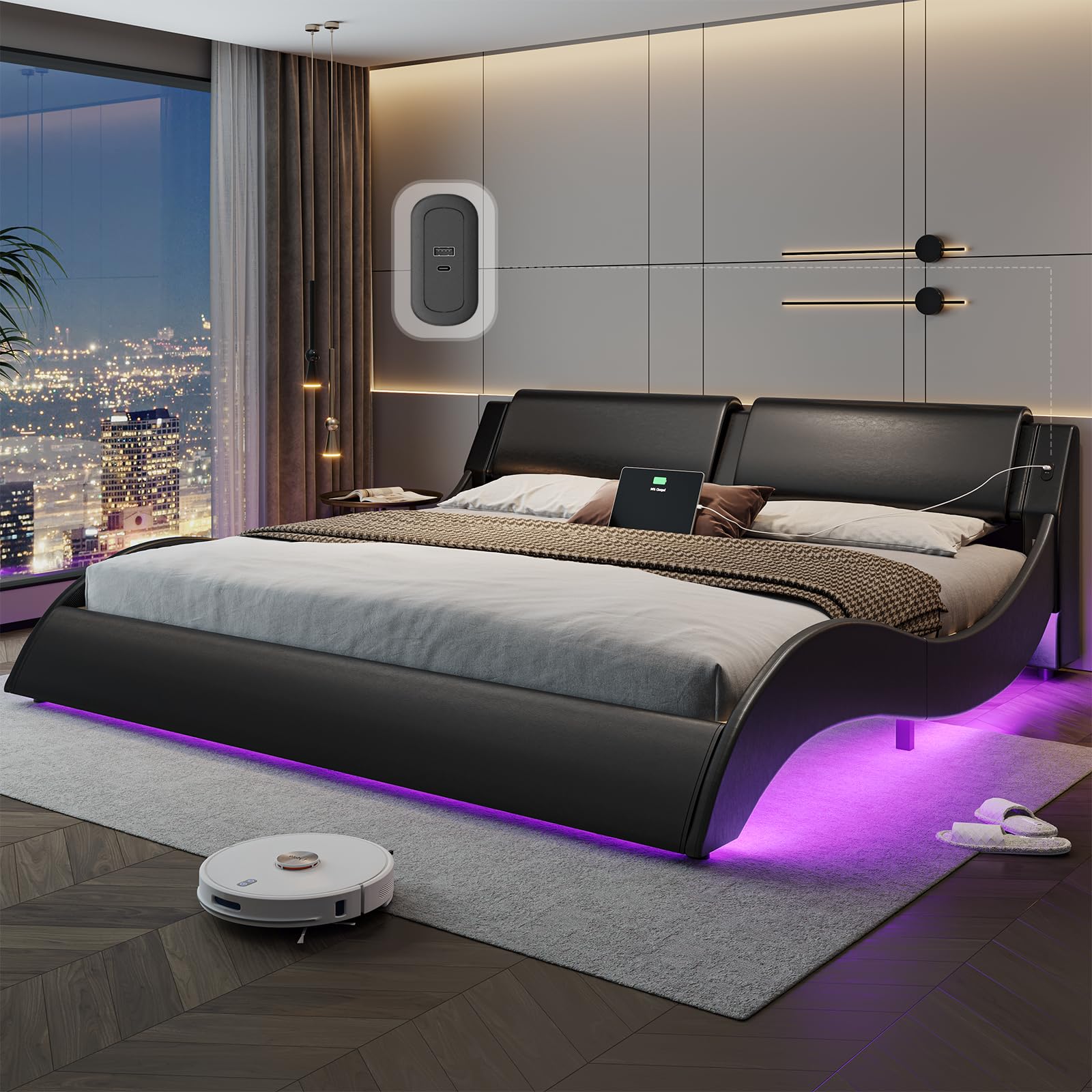 DICTAC California King Bed Frame with Headboard and Led Lights Modern Cali King Led Bed Frame with USB & Type-c Ports Faux Leath