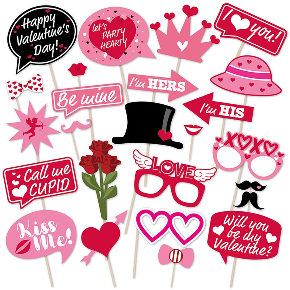 25 Pcs Valentine's Day Photo Booth Props Happy Lovers Selfie Photobooth Props, Valentine Creative Funny Backdrop Decorations Sup