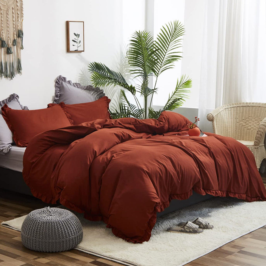 Luxlovery Ruffle Comforter Set King Burnt Orange Farmhouse Caramel Bedding Comforter Set Shabby Chic Cotton Rust Orange Solid Bl