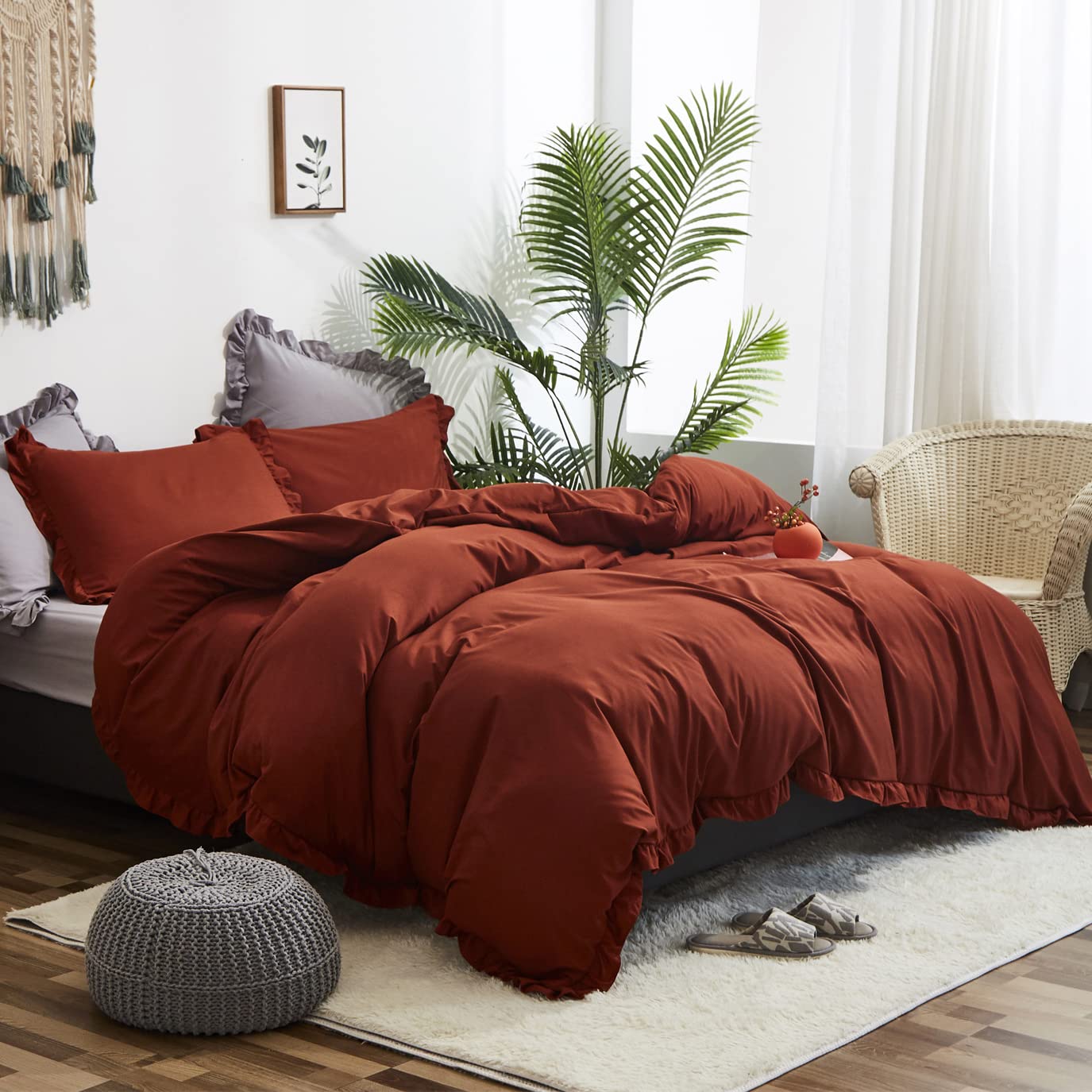 Luxlovery Ruffle Comforter Set King Burnt Orange Farmhouse Caramel Bedding Comforter Set Shabby Chic Cotton Rust Orange Solid Bl