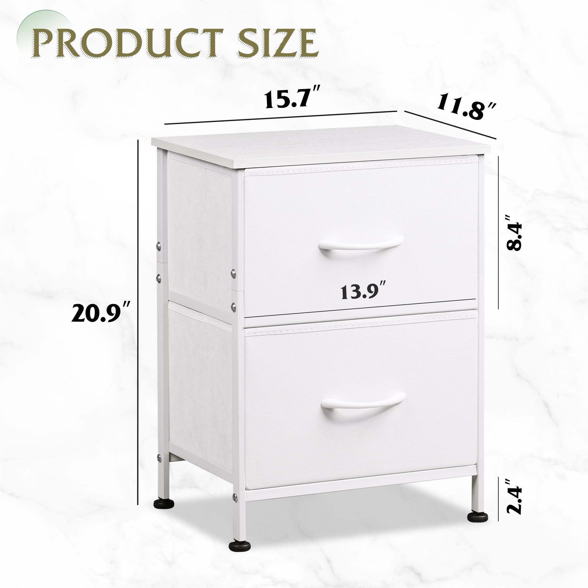 WLIVE White Night Stand with 2 Fabric Drawers and Wooden Top, Bedside Table for Bedroom