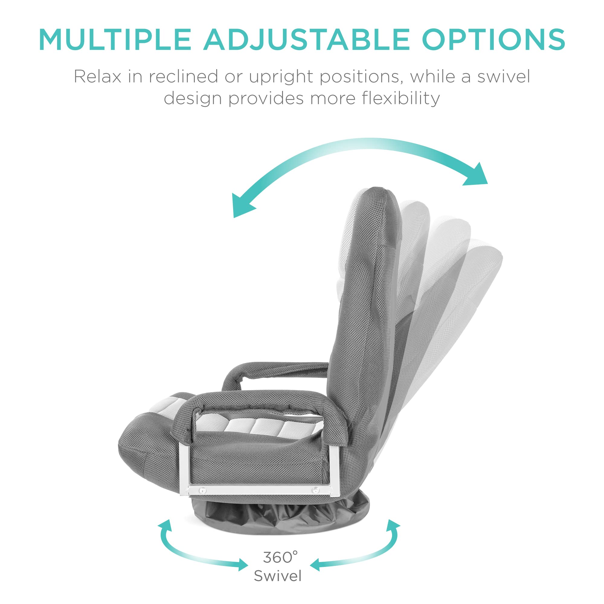 Best Choice Products Swivel Gaming Chair 360 Degree Multipurpose Floor Chair Rocker For Tv, Reading, Playing Video Games W/Lumbar Support, Armrest Handles, Adjustable Foldable Backrest - Gray/White