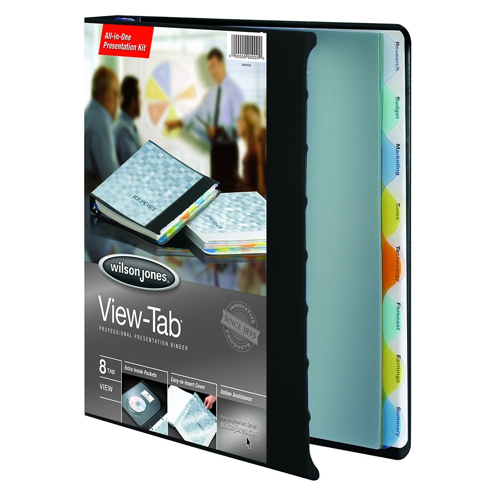 Wilson Jones W55095 Presentation Binder with View-Tab Indexes, Round Ring, 1" Cap, Polypropylene, Black