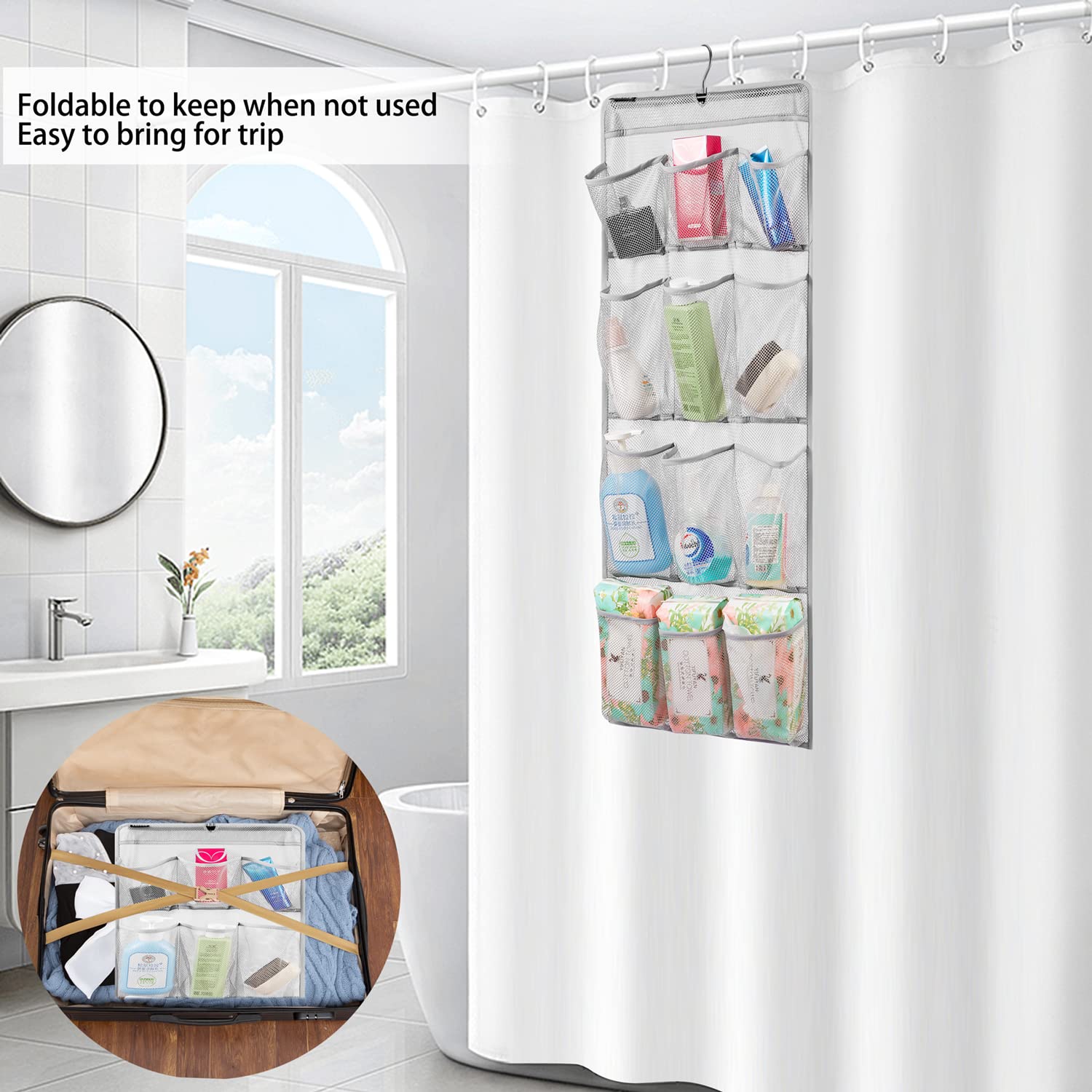 Anzorg Mesh Shower Organizer Hanging Caddy Quick Dry Bathroom Storage For Toiletry Accessories With Rotating Hanger (12 Pockets)