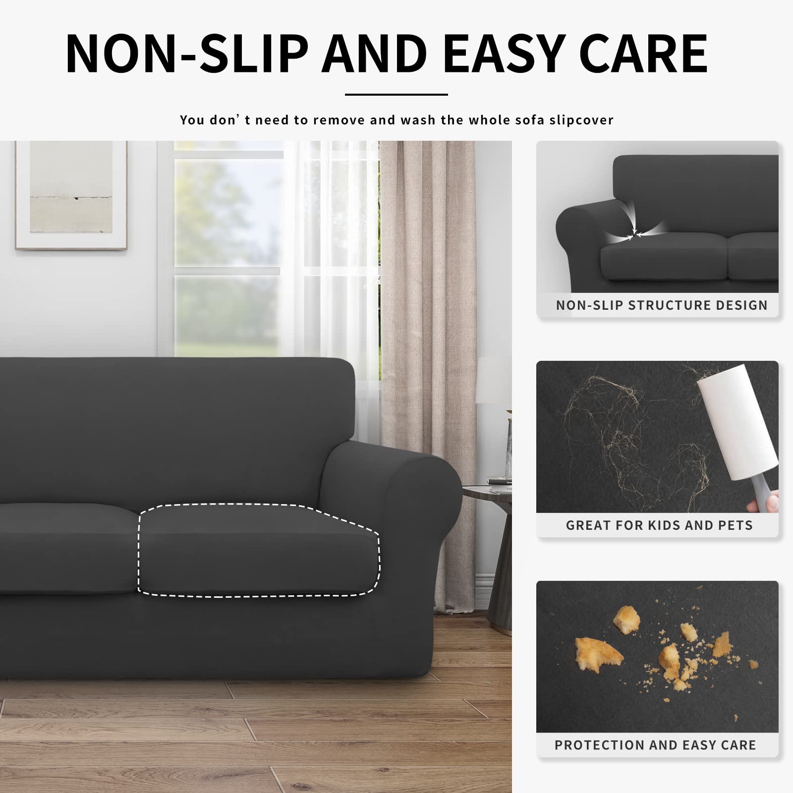 Easy-Going 100% Dual Waterproof 4 Pieces Oversized Cover Stretch Soft Couch Cover For Dogs, Sofa Slipcover For 3 Separate Cushion Couch Leakproof Furniture Protector For Kids, Pets Dark Gray