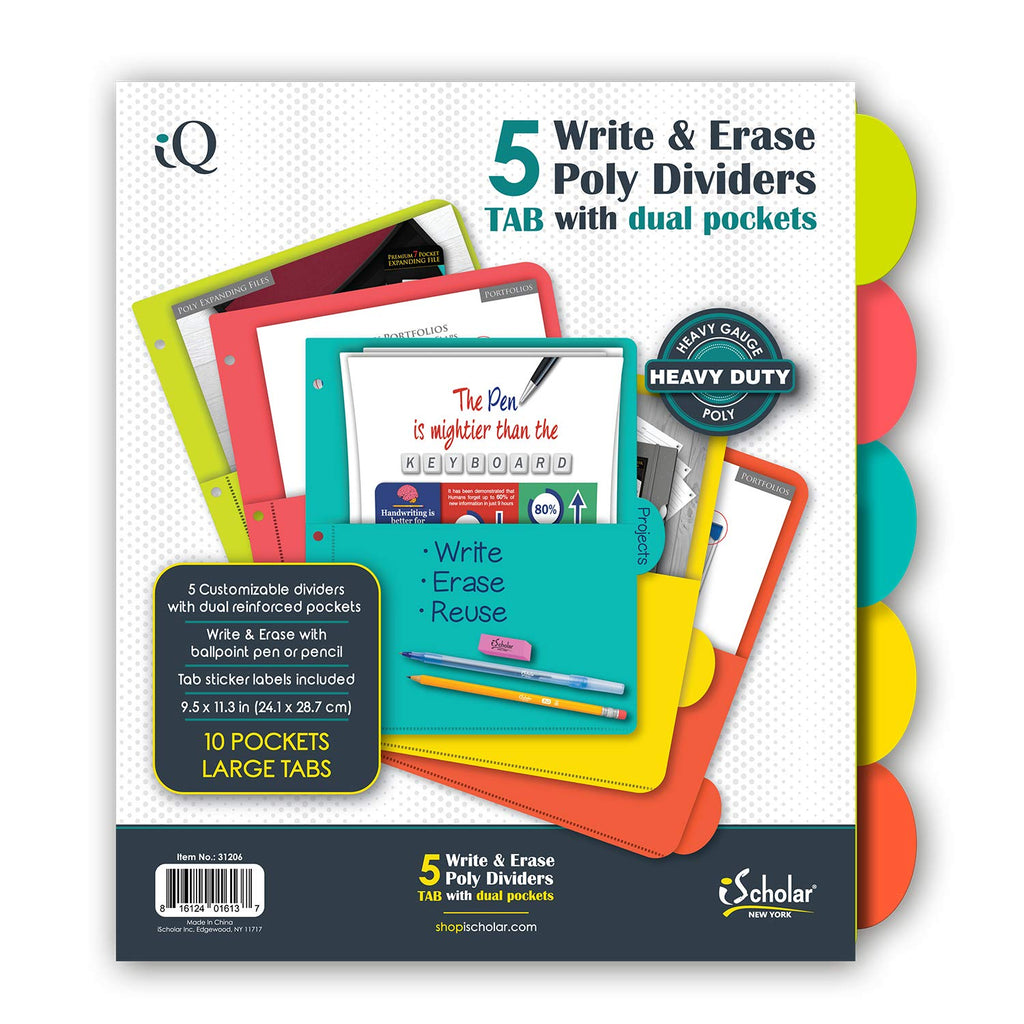 iScholar Poly Index Dividers with Pockets, 9.5 x 11", Assorted Colors, Model 31206
