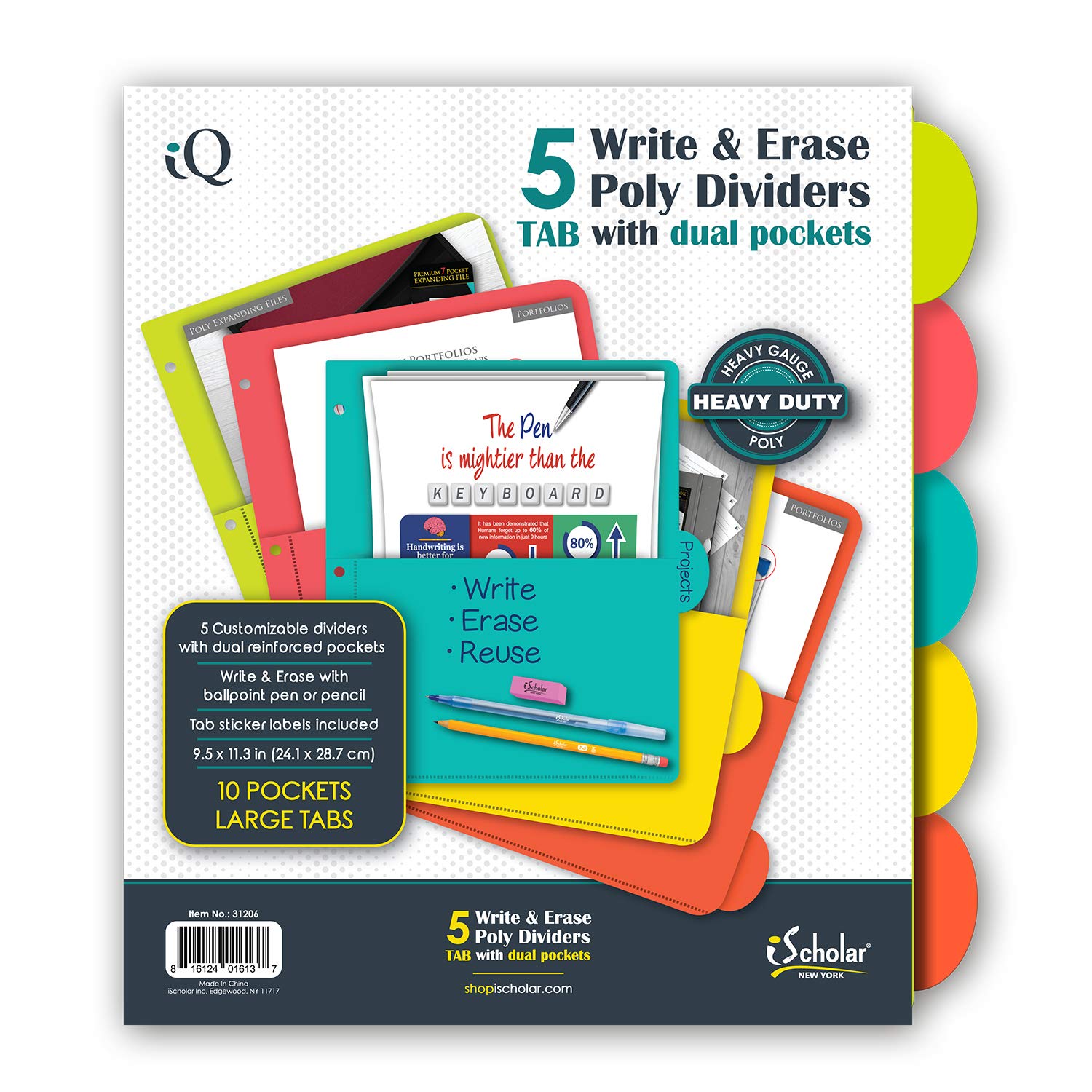 iScholar Poly Index Dividers with Pockets, 9.5 x 11", Assorted Colors, Model 31206