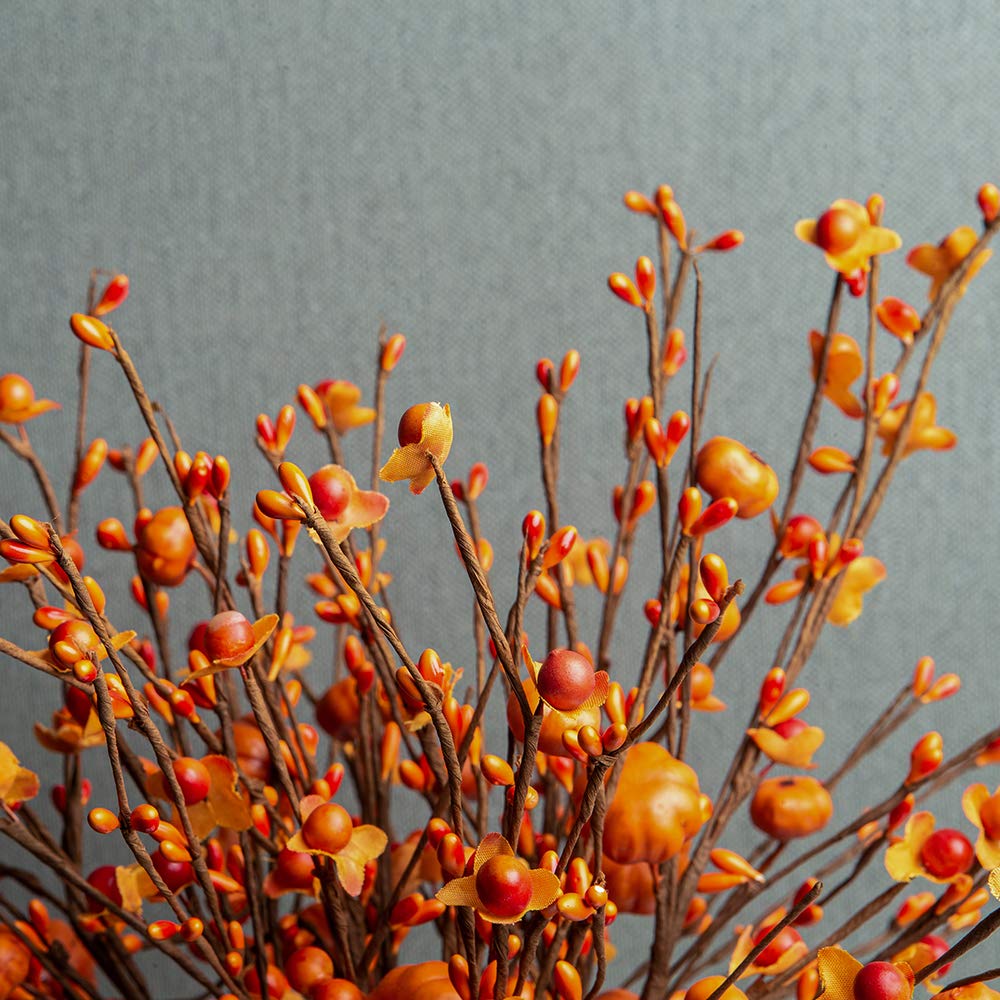 JINGHONG 6 Pack 17 Tall Fall Berry Stems - Orange Pumpkin Picks for Vases, Centerpieces, Autumn Harvest & Thanksgiving Decor