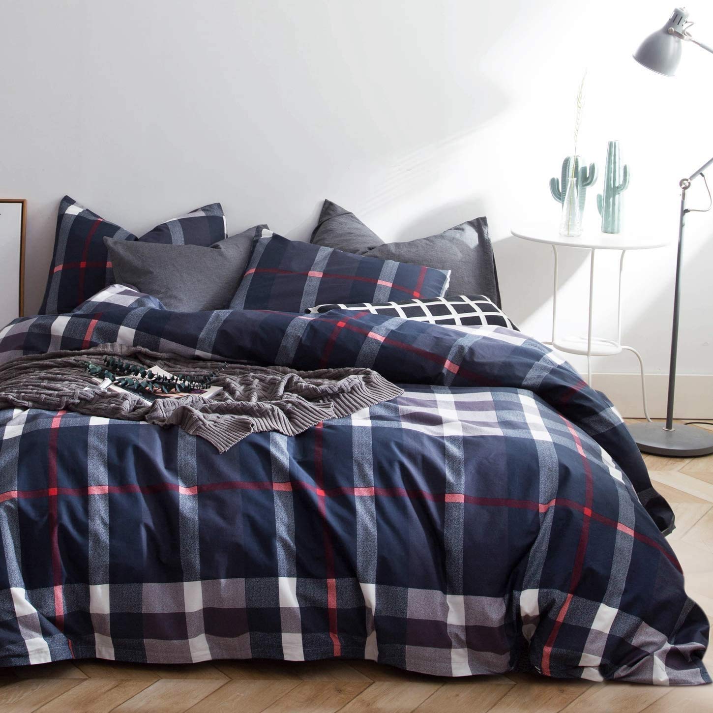 Karever Navy Plaid Comforter Set Full Multicolor Checkered Bedding Quilt Set Navy Blue Tartan Grid Comforter Striped Blanket For