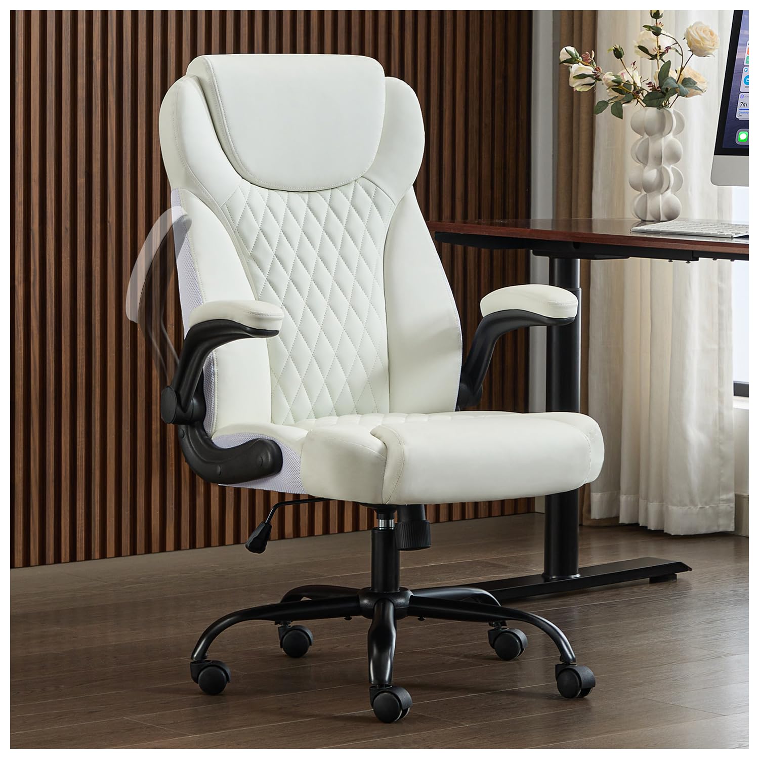 Amseatec, Office Chair, Executive Leather Chair Home Office Desk Chairs, Ergonomic Computer Desk Chair With Adjustable Flip-Up A