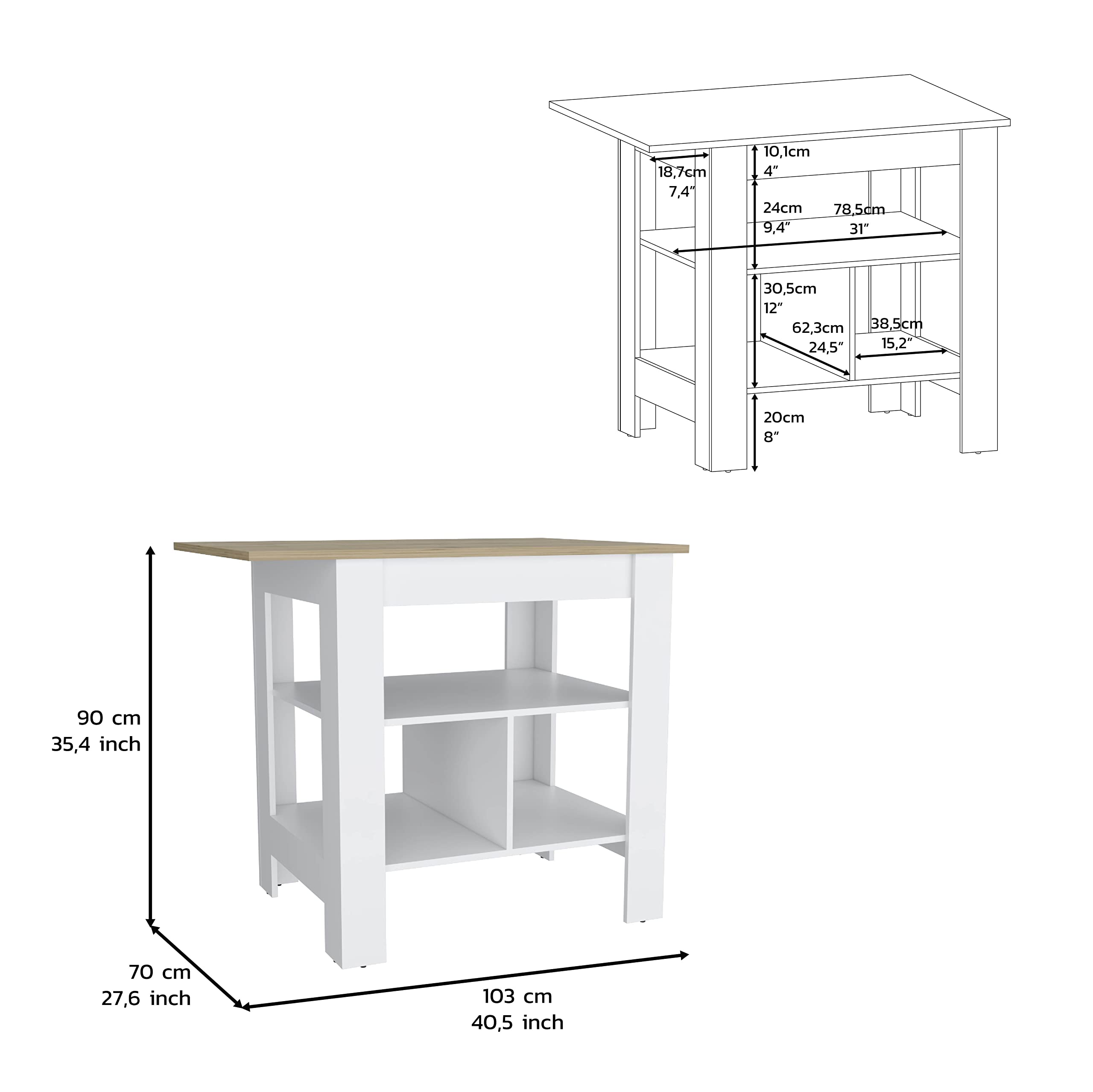 DEPOT E-SHOP Kitchen Island, Kitchen Table 35" H, 3 Open Shelves, White/Macadamia