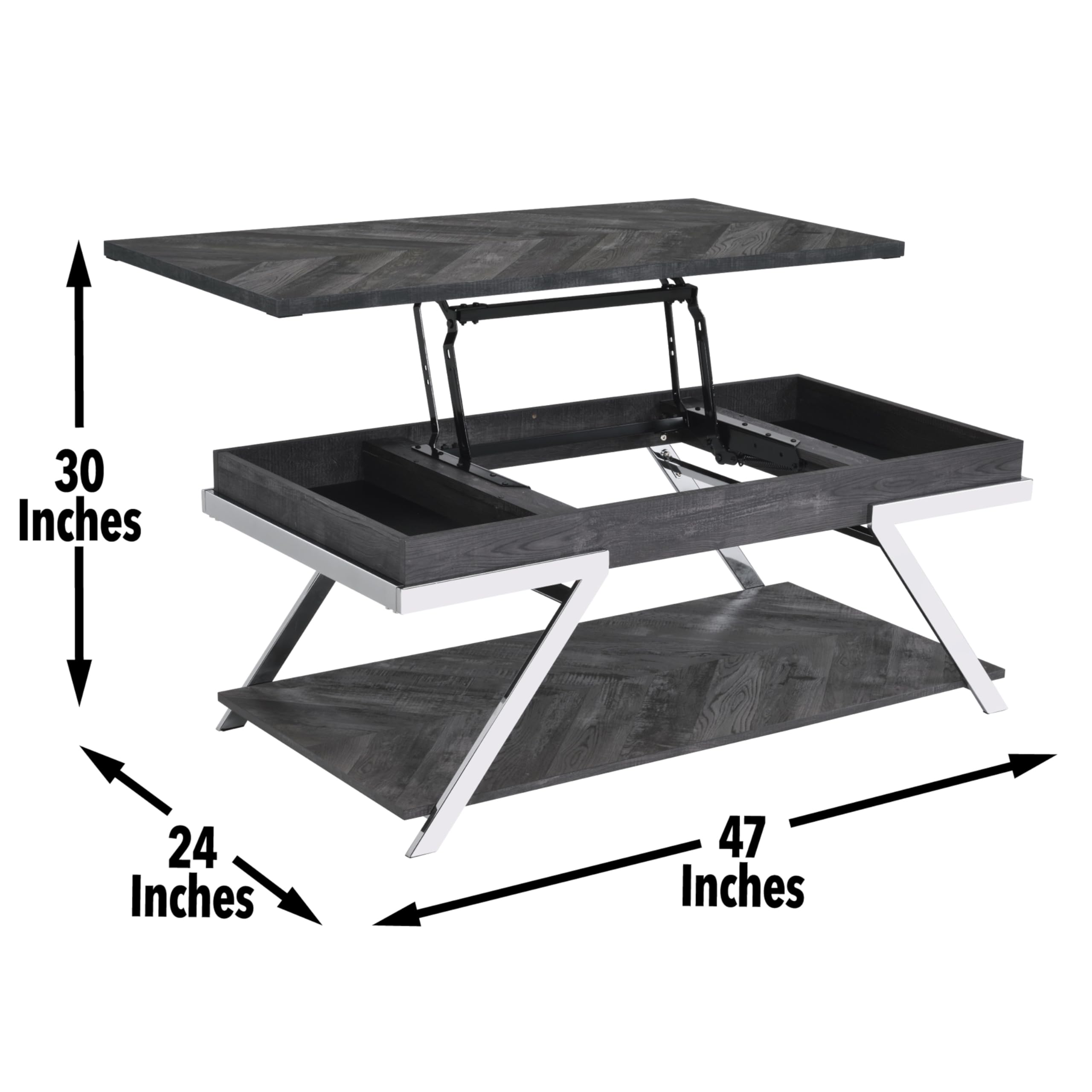 Steve Silver Co Roma Lift-Top Cocktail Table, Living Room, Silvershield® Tops, Undertop Storage Space, Bottom Shelf, Chrome Legs, Contemporary Style, 47.5" D x 24" W x 19.25" H, Black/Chrome