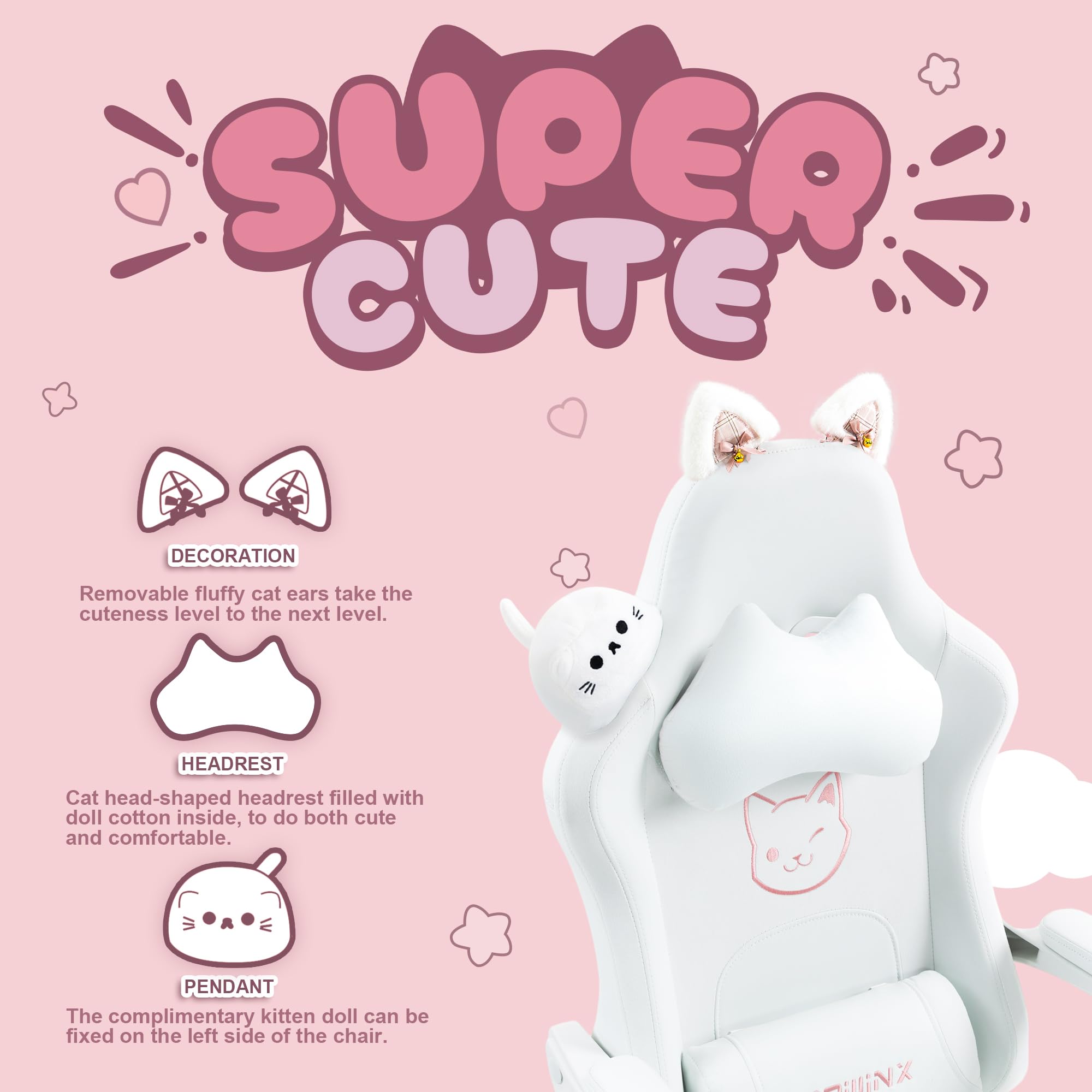 Dowinx Gaming Chair Cute With Cat Ears And Massage Lumbar Support, Ergonomic Computer Chair For Girl With Footrest And Headrest, Comfortable Reclining Game Chair 290Lbs For Adult, Teen, White