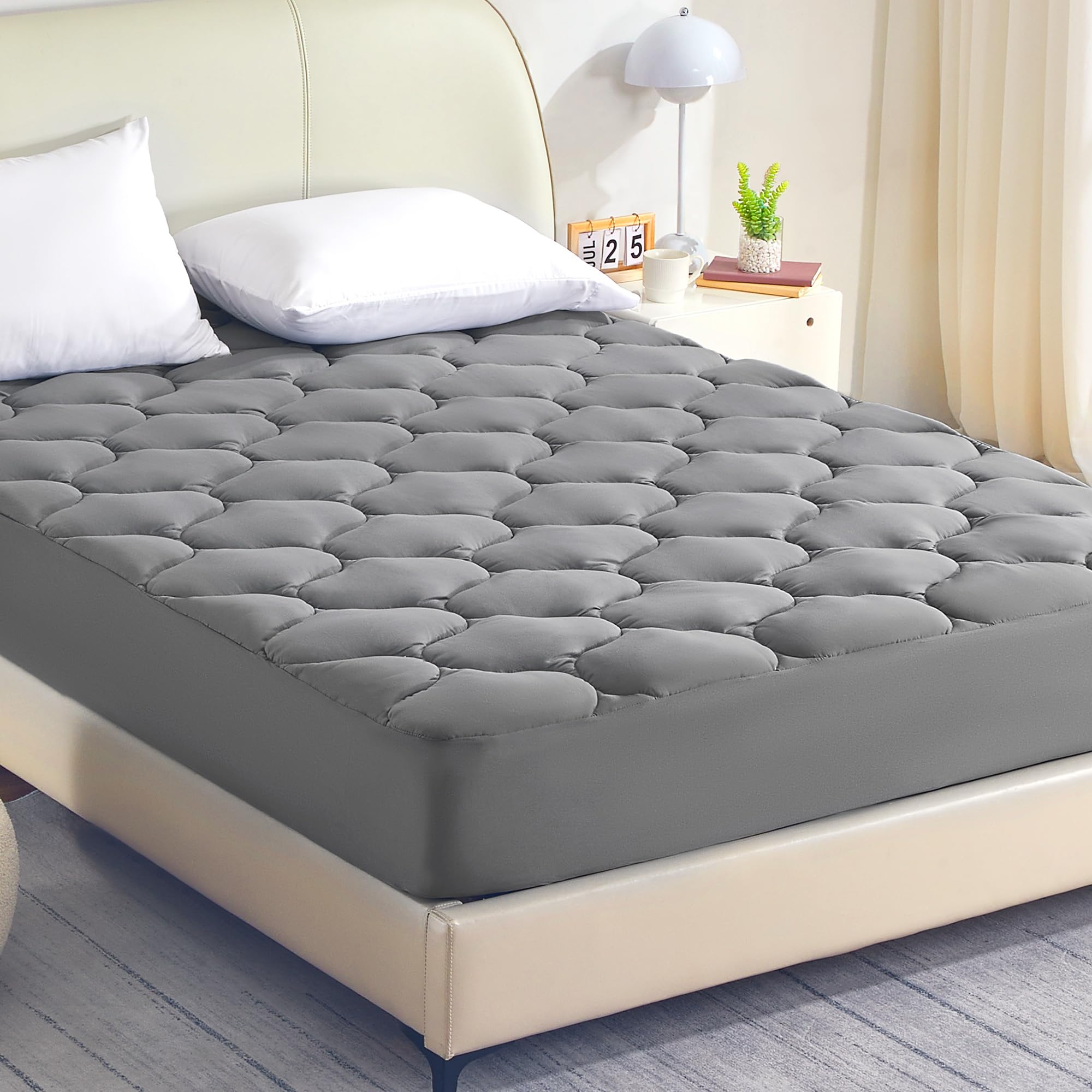 Sleep Zone Full Size Cooling Mattress Pad For Double Bed, Padded Mattress Protector Breathable Washable, Bedroom, Guestroom, Breathable & Fluffy (Grey, Full)
