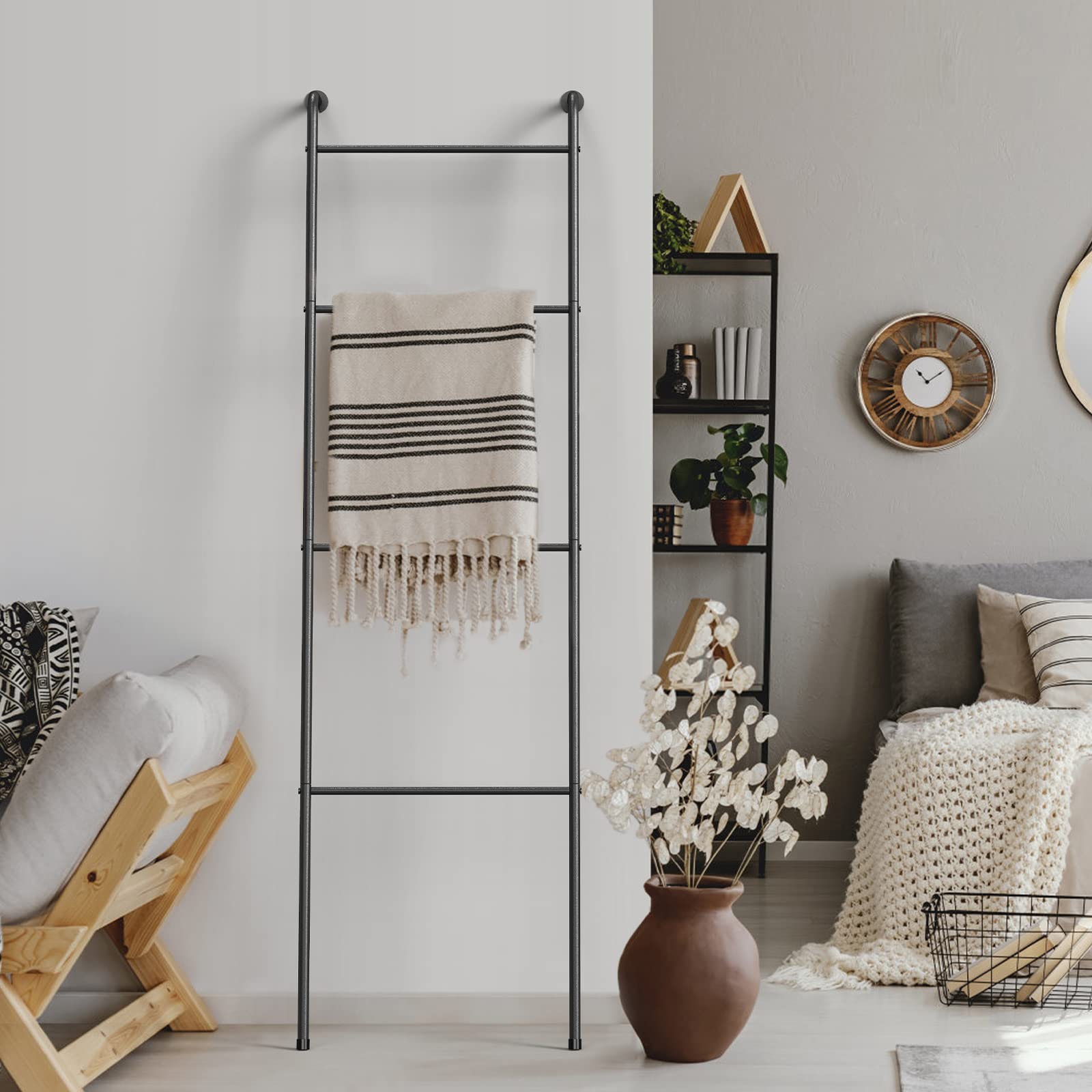 2 Pack Blanket Ladder Decorative Towel Rack Holder for Bathroom, Wall Leaning Metal Drying Quilt Stand for Living Room Bedroom F