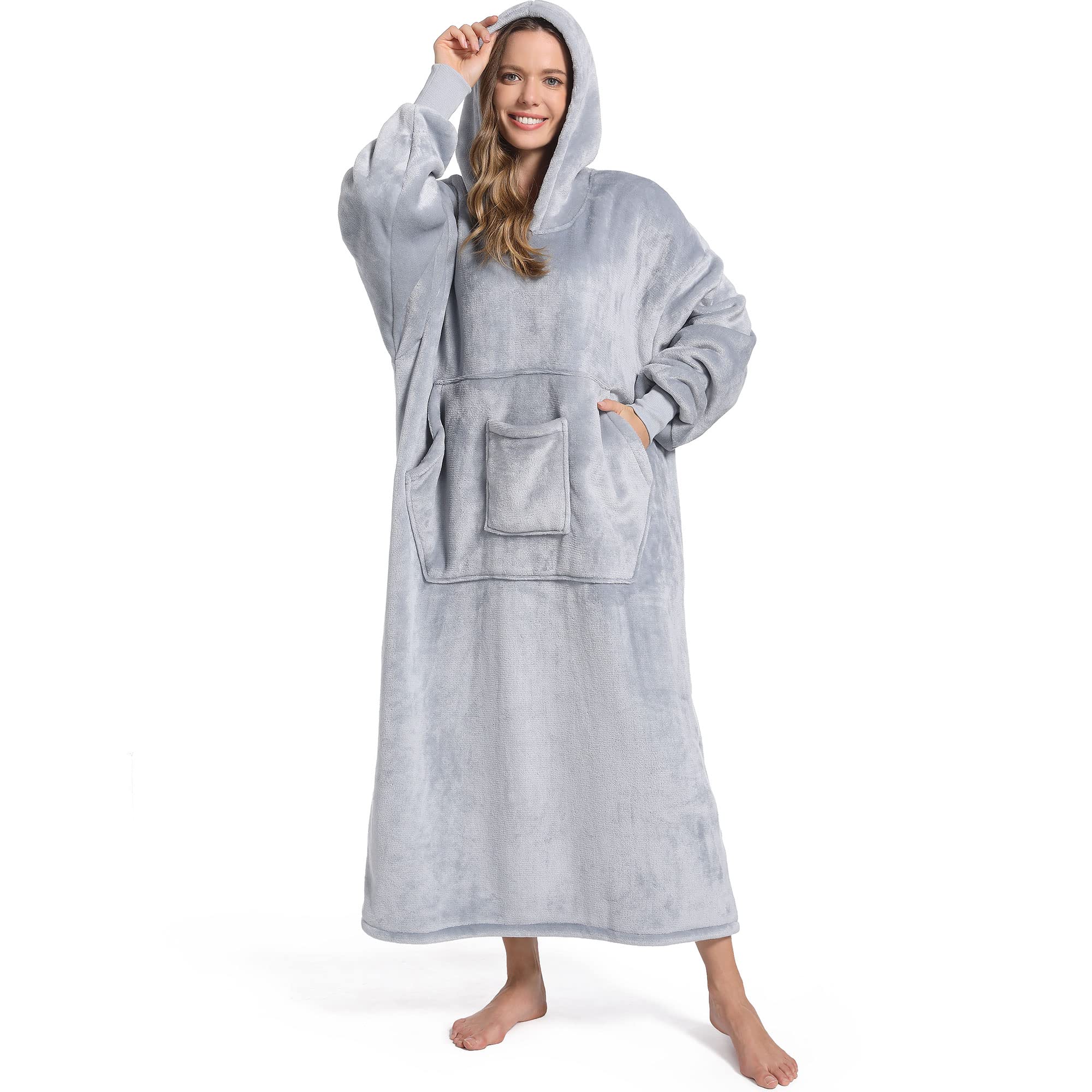 Fusseda Oversized Wearable Blanket Sweatshirt, Thick Warm Fleece Cozy Sherpa Hooded With Pockets And Sleeves Gift For Adult