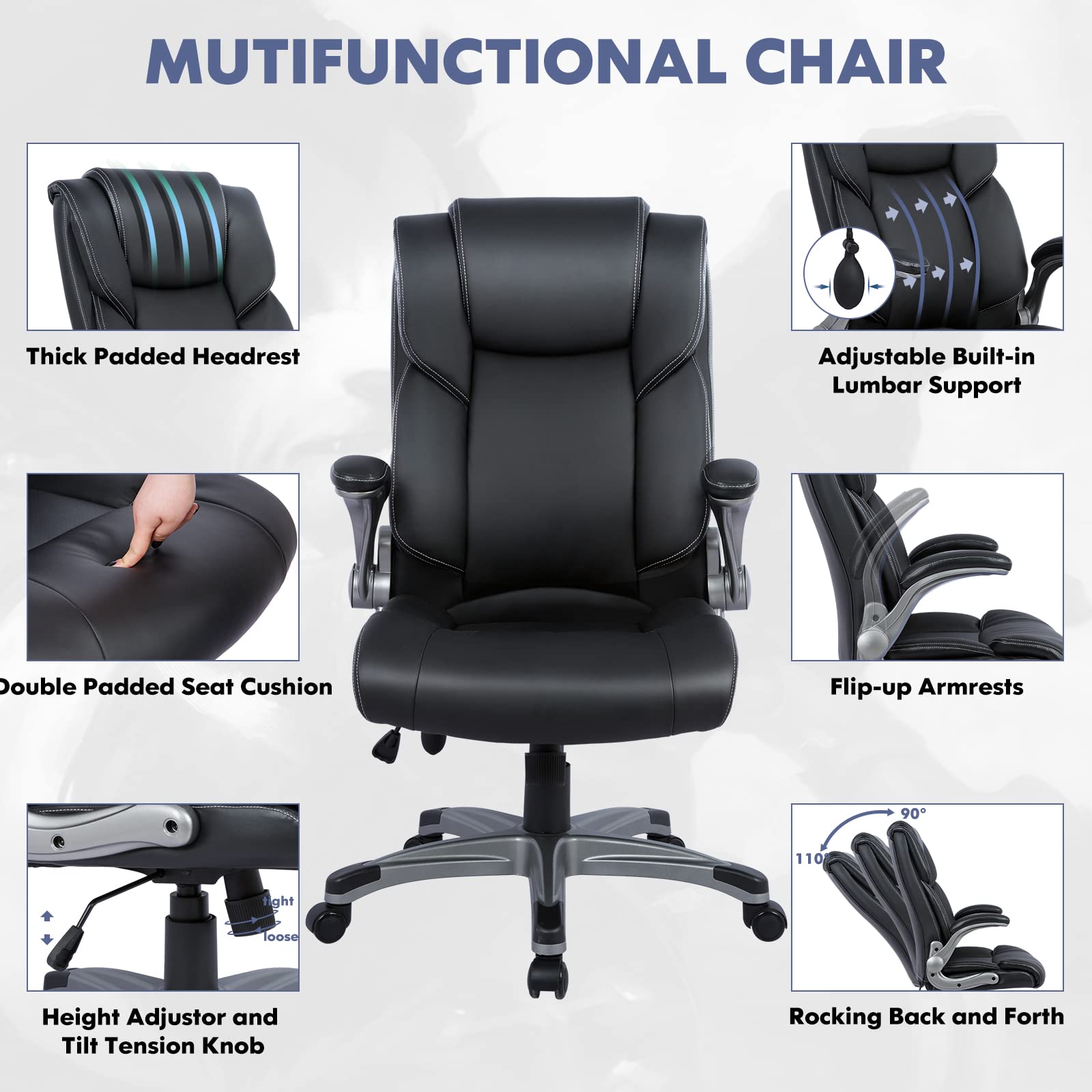 COLAMY Executive Office Chair High Back Bonded Leather Black Adjustable Tilt Lock Swivel Rolling Ergonomic Chair Model 2822 Set of 2