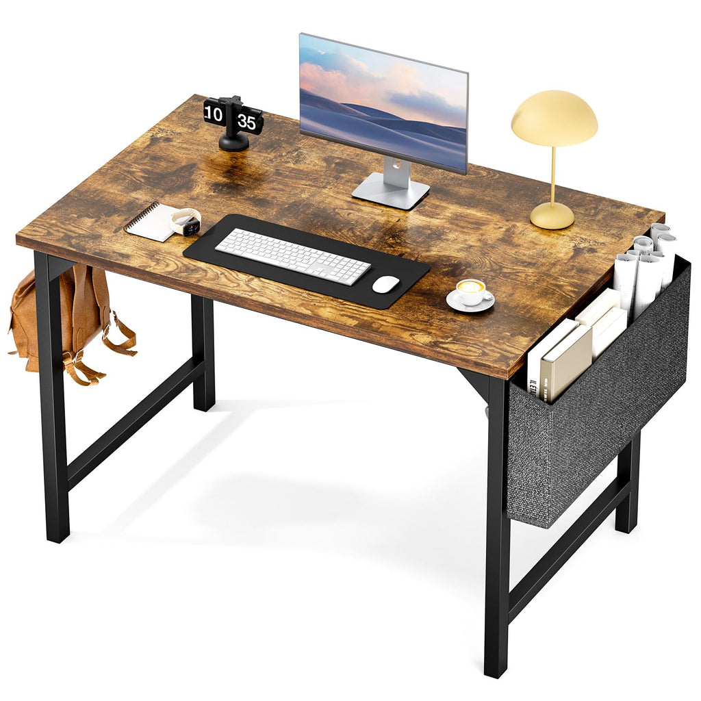 Sweetcrispy Computer Small Office Desk 40 Inch Student Kids Study Writing Work With Headphone Hooks & Storage Bag Modern Simple Pc Home Bedroom Table, Rustic Brown