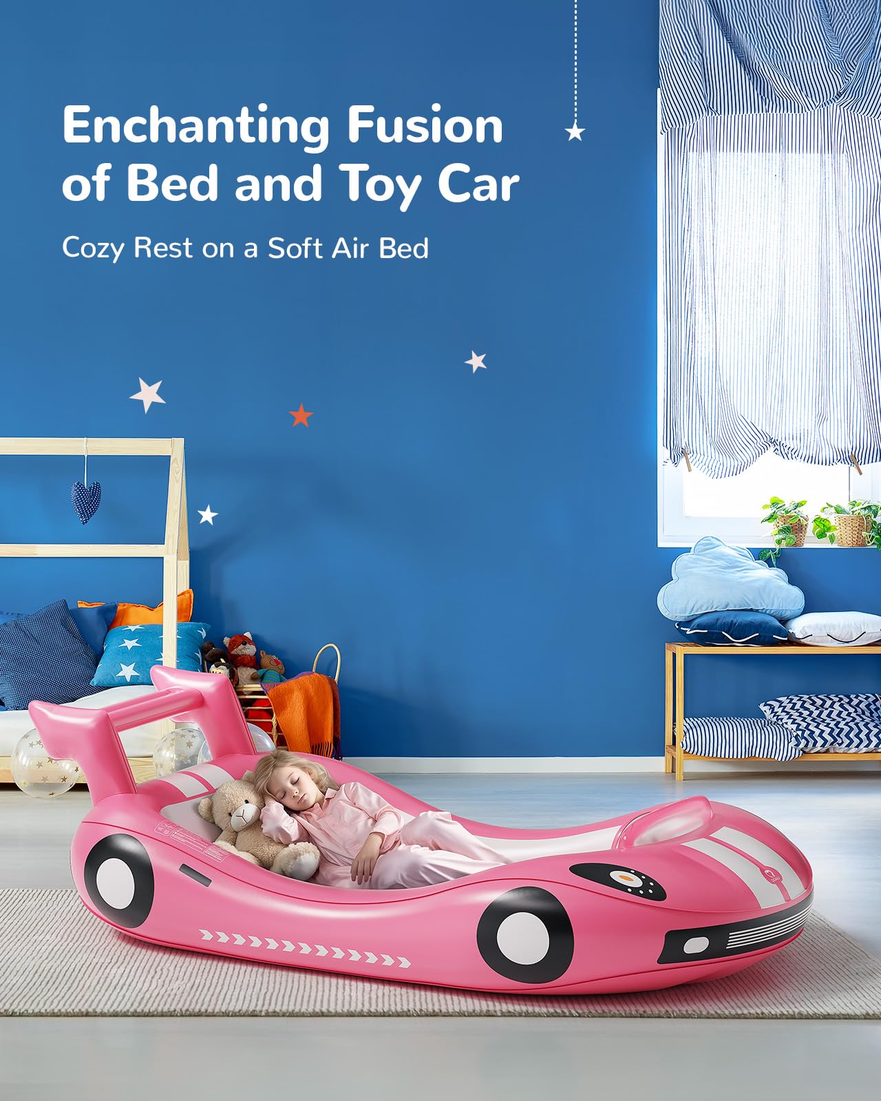 QPAU Inflatable Toddler Travel Bed Race Car Pink PVC JY001A with Sides and Pump