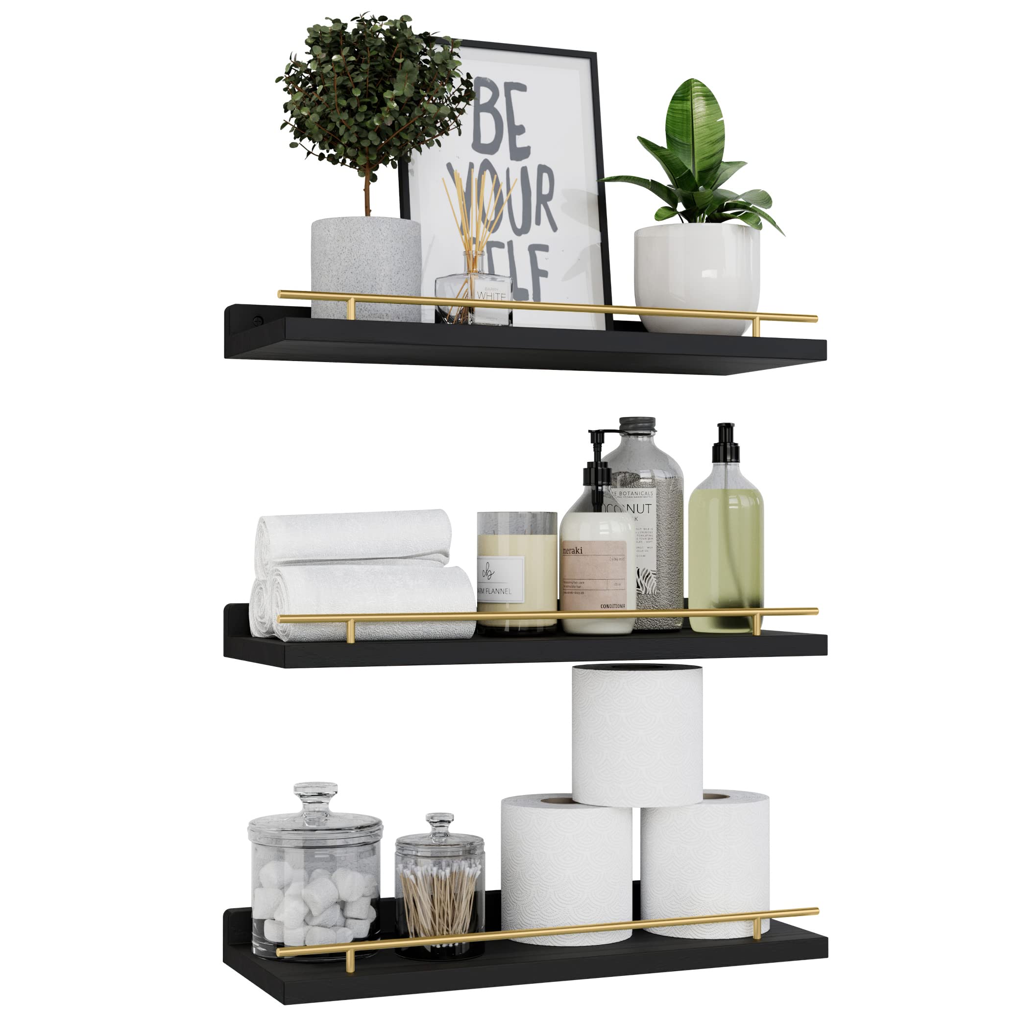 WOPITUES Floating Shelves with Gold Metal Guardrail, Shelves for Wall Decor Set of 3, Wall Shelves for Bedroom, Bathroom, Kitche