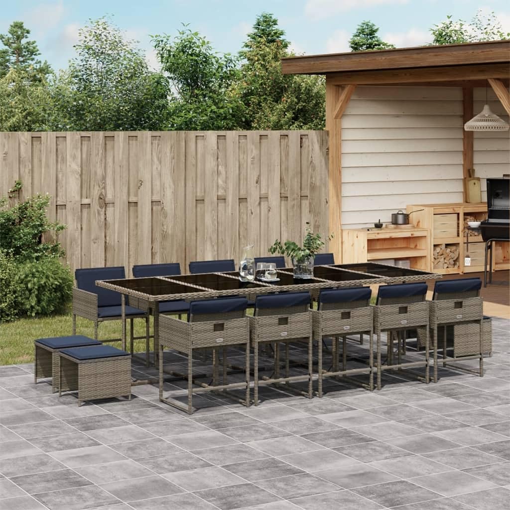 vidaXL Patio Dining Set with Cushions - 15 Piece Gray Poly Rattan Outdoor Garden Furniture - Tempered Glass Tabletop, Space-Saving Chairs and Stools, Navy Cushions