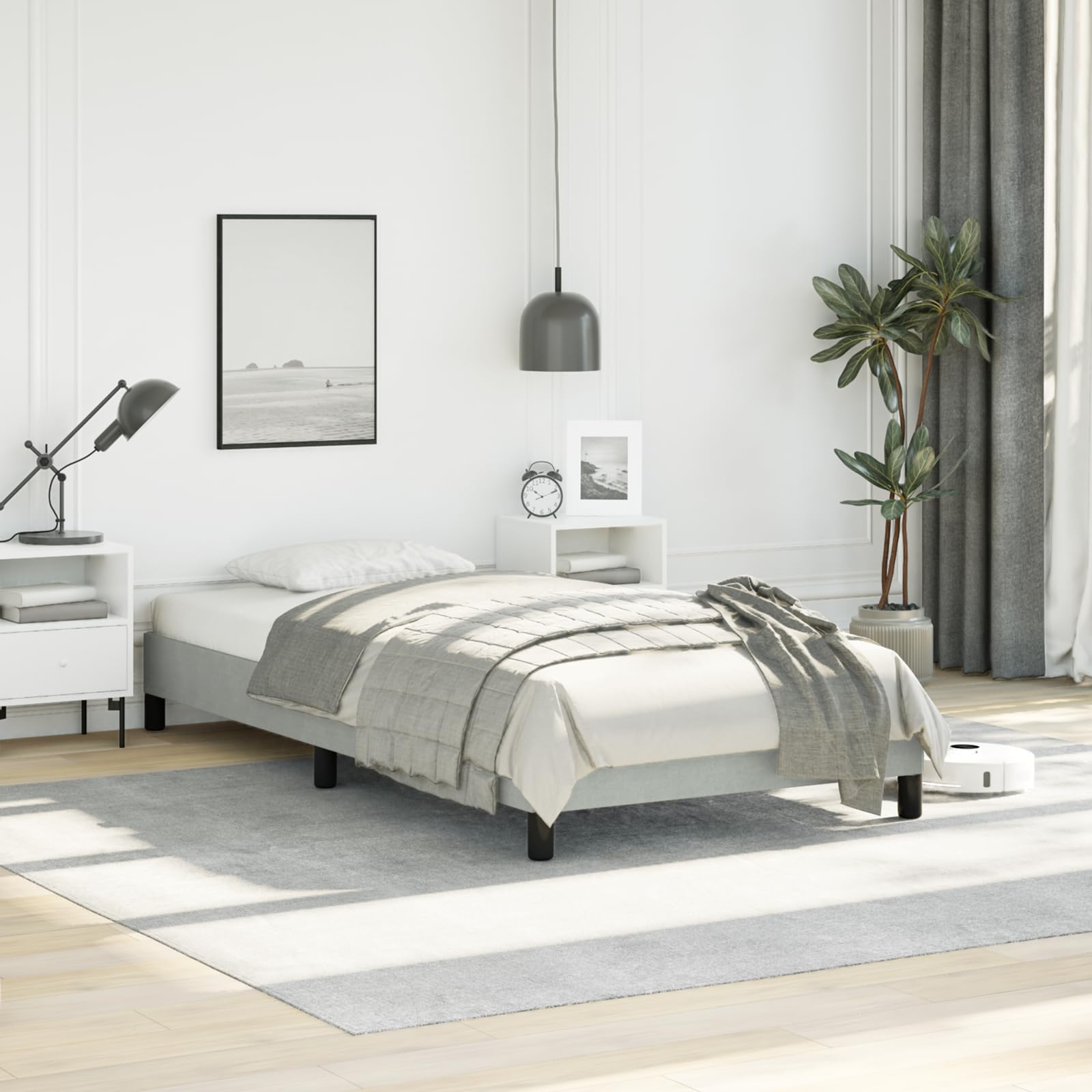 vidaXL Twin XL Size Bed Frame with Plywood Slats, Platform Bed Frame, Velvet Upholstered Mattress Foundation, No Box Spring Needed & Easy Assembly, Light Gray, Without Mattress