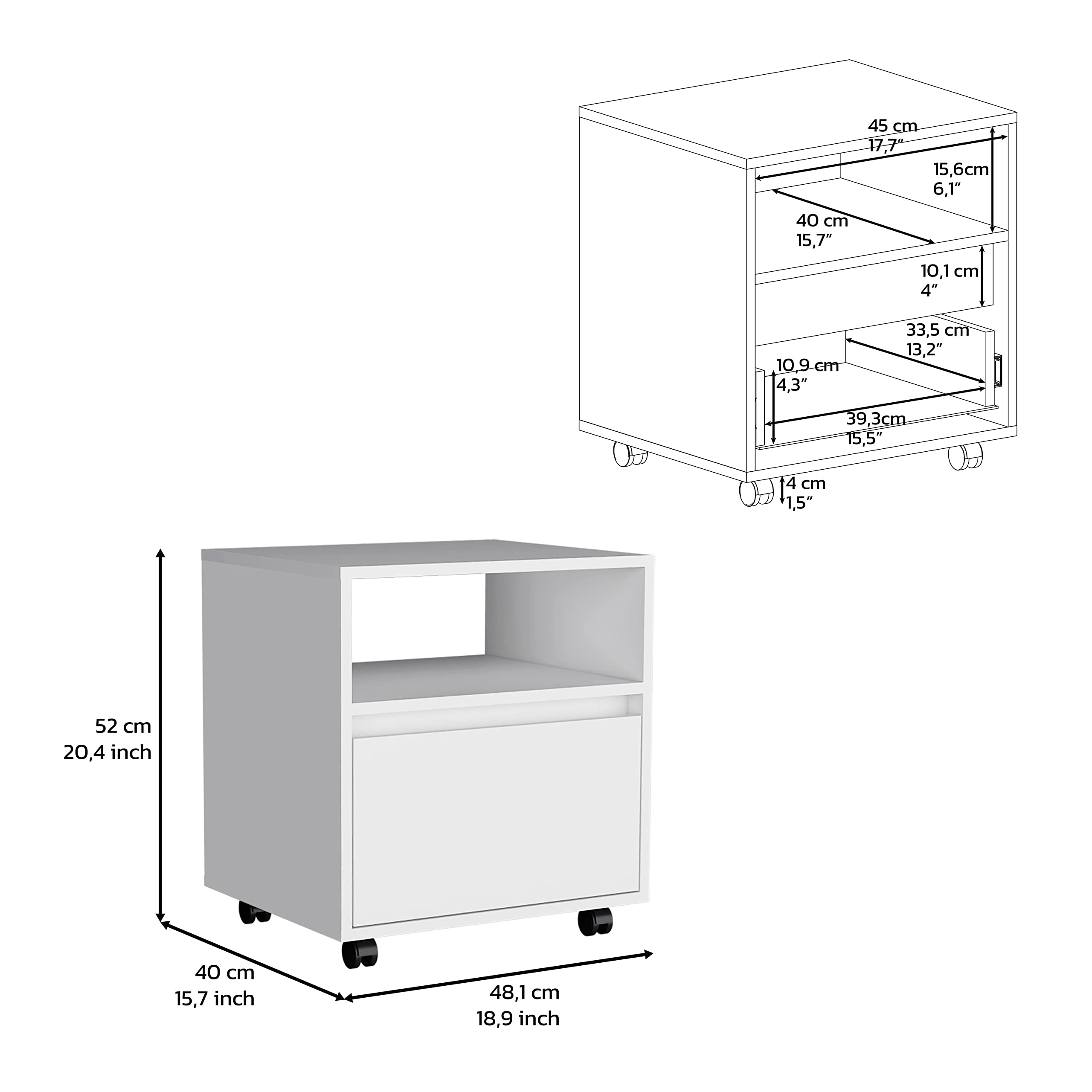 Nightstand 20" H, with 1 Open Shelf, 1 Drawer and Casters, White
