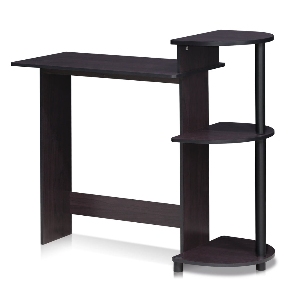 Furinno Compact Computer Desk With Shelves, Round Side, Dark Walnut