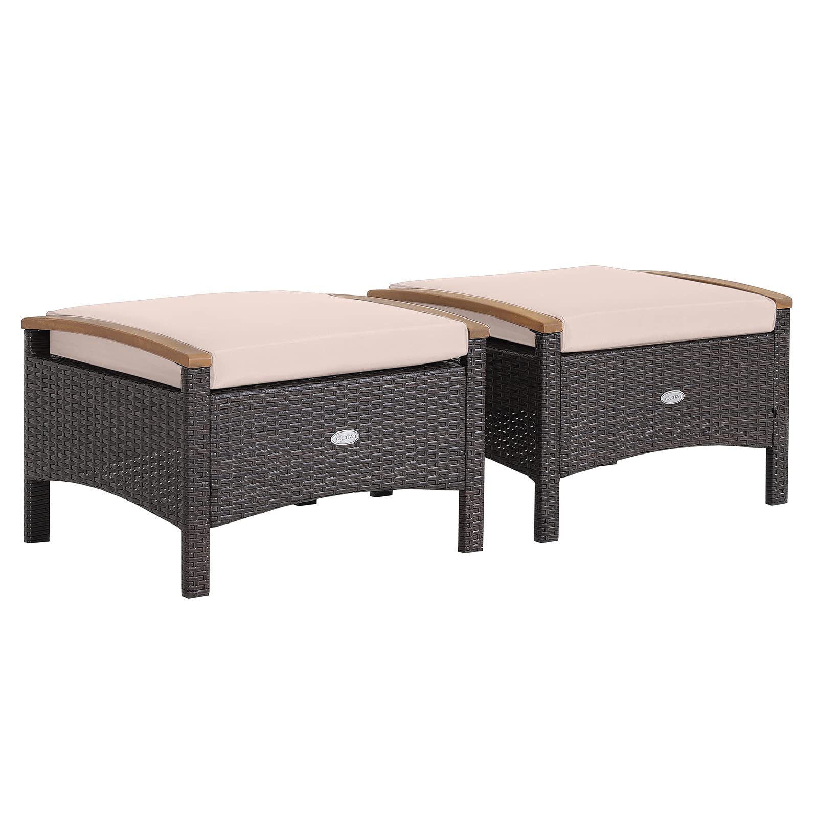 Tangkula 2 Piece Patio Rattan Ottomans, Outdoor Wicker Footstool W/Acacia Wood Handles, Soft Zippered Cushions, 3-In-1 Function Footstool Seat & Side Table For Backyard, Balcony, Poolside (Beige)