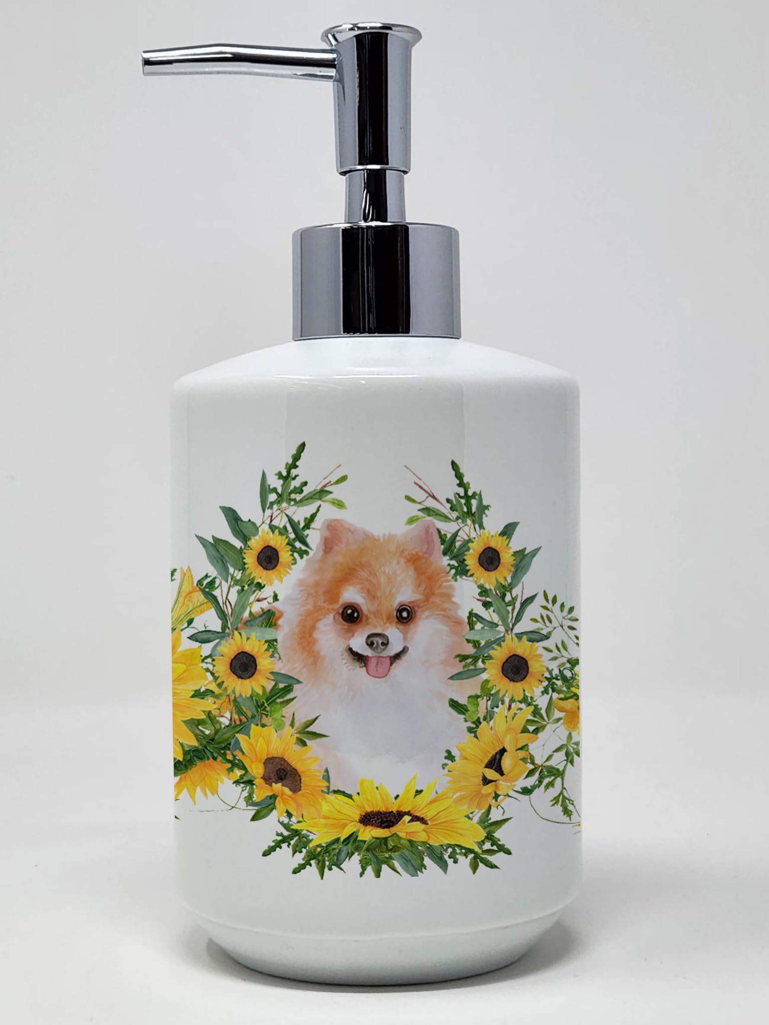 Caroline's Treasures CK2908SOAP Pomeranian #2 in Sunflowers Ceramic Soap Dispenser Hand Soap Dispenser Pump Bottles for Bathroom