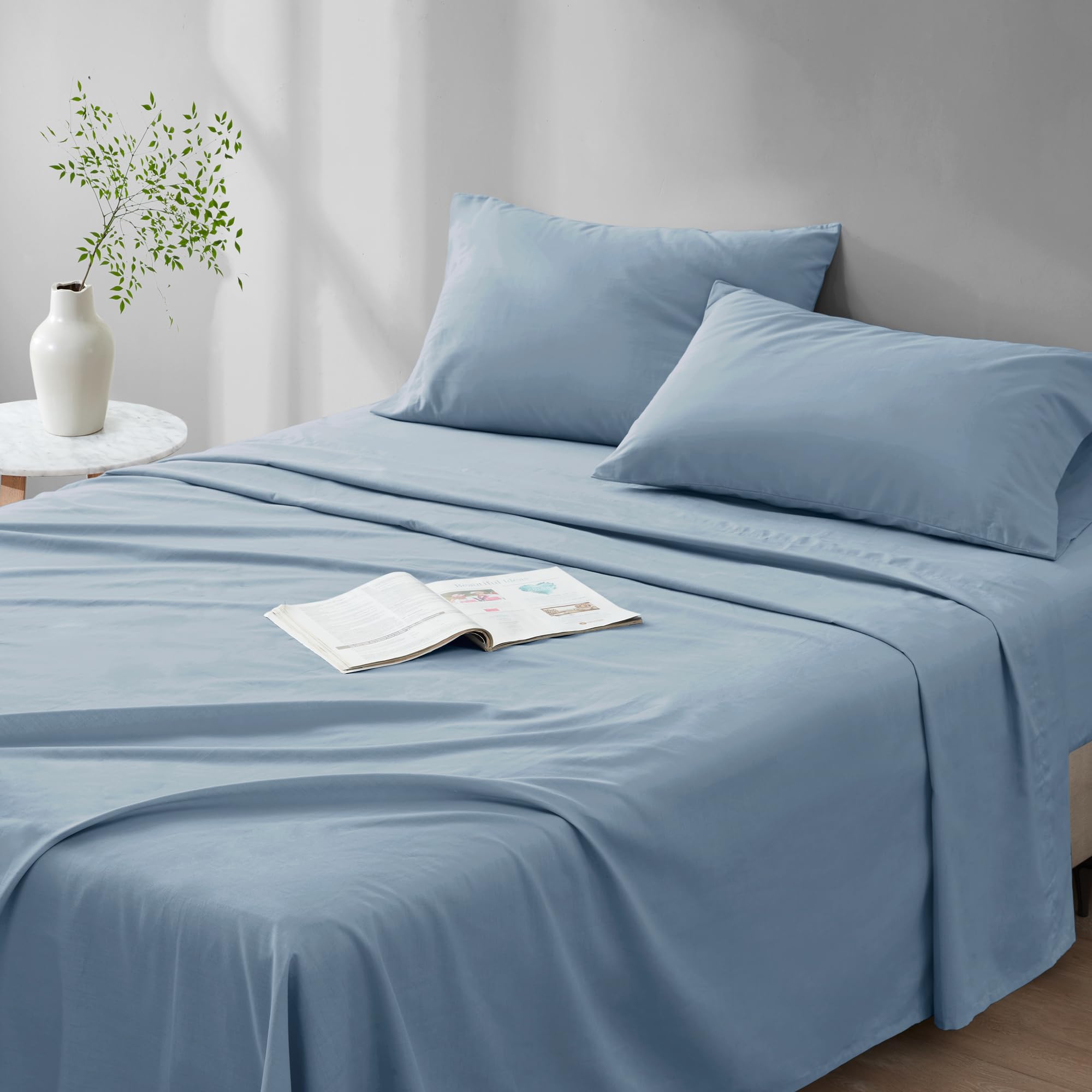 Comfort Spaces 100% Cotton Sheet Set Breathable, Lightweight, Soft With 14' Elastic Pocket Fits Up To 16' Mattress, All Season Cozy Bedding, Matching Pillow Case, Cal King Blue 4 Piece