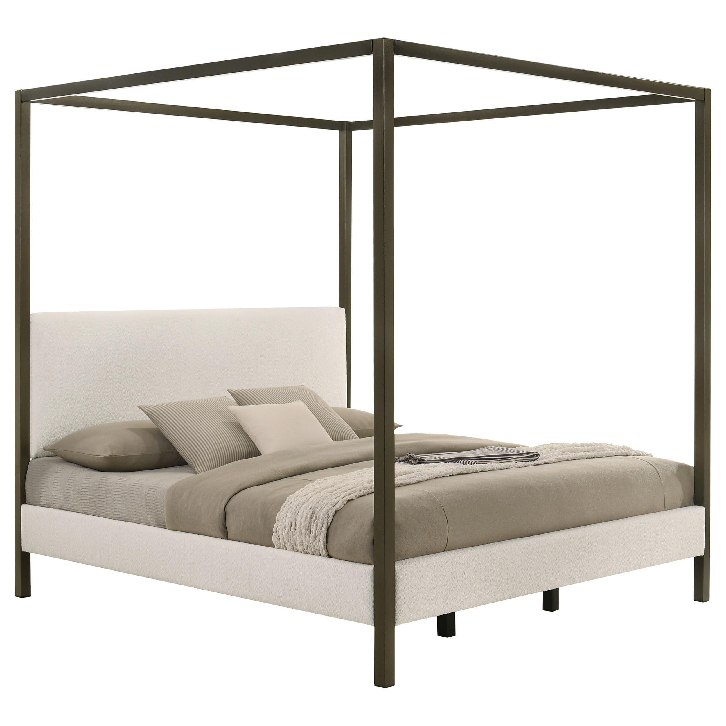 Coaster Home Furnishings Monroe Transitional Boucle Upholstered Eastern King Size Canopy Bed Frame Platform Bed 86-inch Headboard Vanilla 300834KE