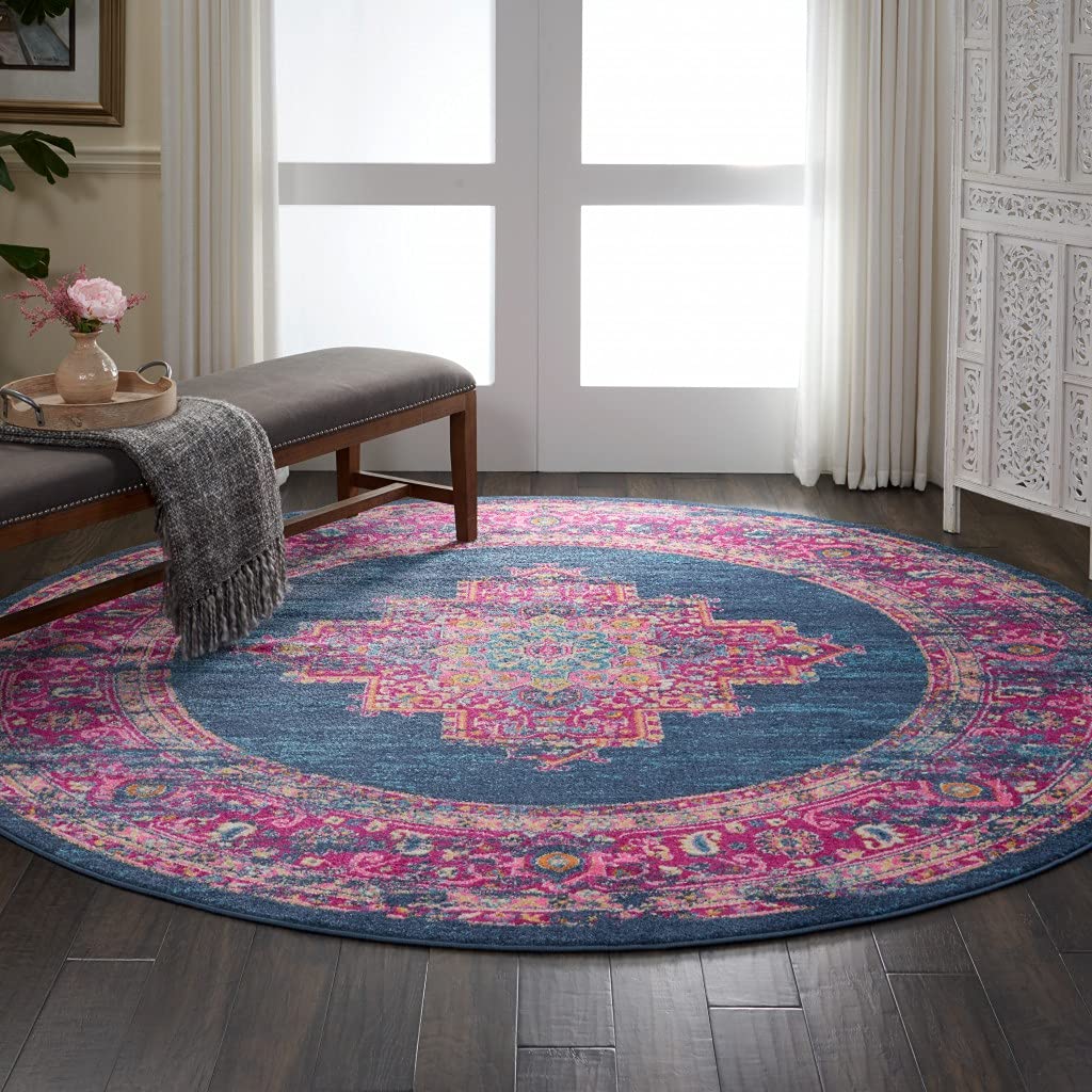 HomeRoots 100% Polypropylene 8’ Round Blue and Pink Medallion Area Rug