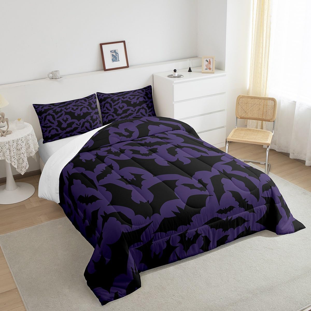 Castle Fairy Halloween Themed Comforter Set Full Size,Black Bats Animal Print Bedding Comforters Room Decor,Dark Purple Color Qu
