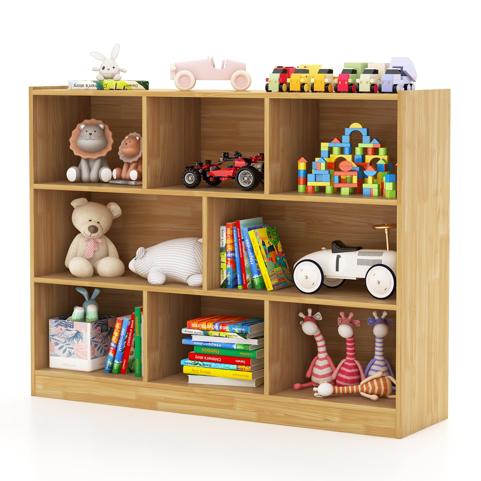 Costzon Kids Toy Organizers And Storage, Wooden 3 Tier Bookshelf With 8 Compartment Cubes To Organize Books, Toys, Home Furniture For Toddlers Playroom, Bedroom, Living Room, Nursery (Burlywood)