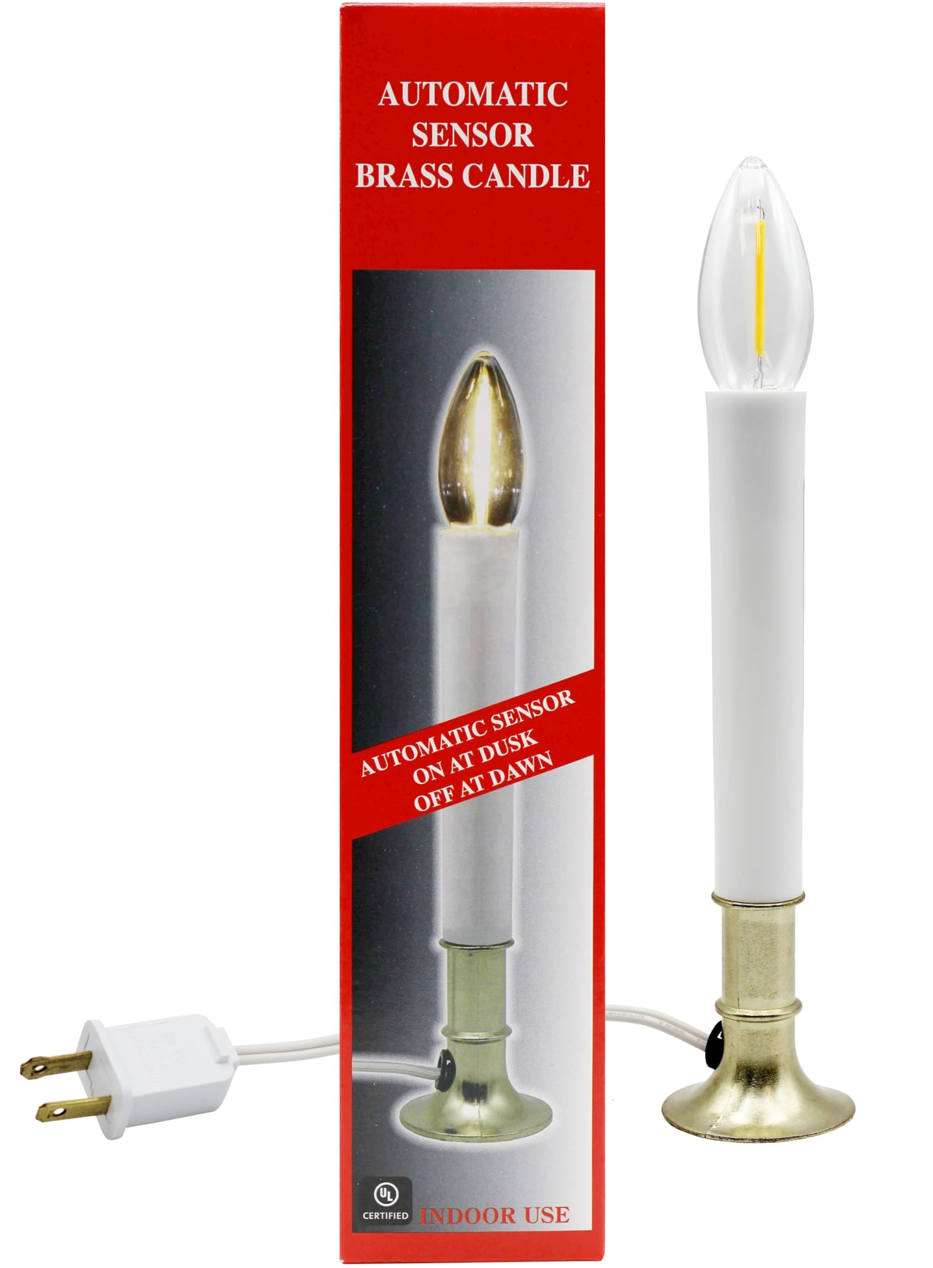 Creative Hobbies Electric Window Candle Lamp with LED Bulb, Brass Plated Base, Dusk to Dawn Sensor Turns Candle on in Dark and O