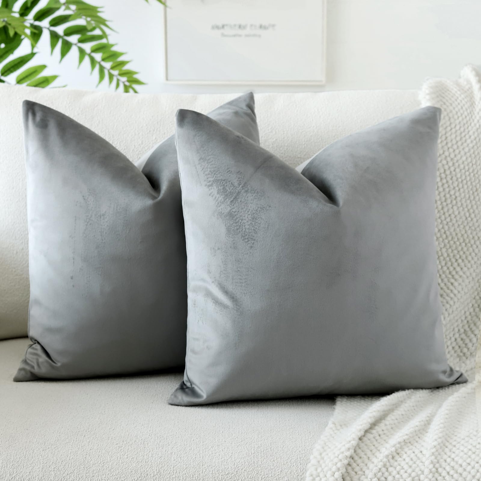 Otostar Velvet Soft Decorative Throw Pillow Covers 24 X 24 Inch Solid Square Cushion Case Home Decor Pillow Covers For Couch Sofa Living Room Bedroom Decorative Pillowcases Set Of 2 (Grey)