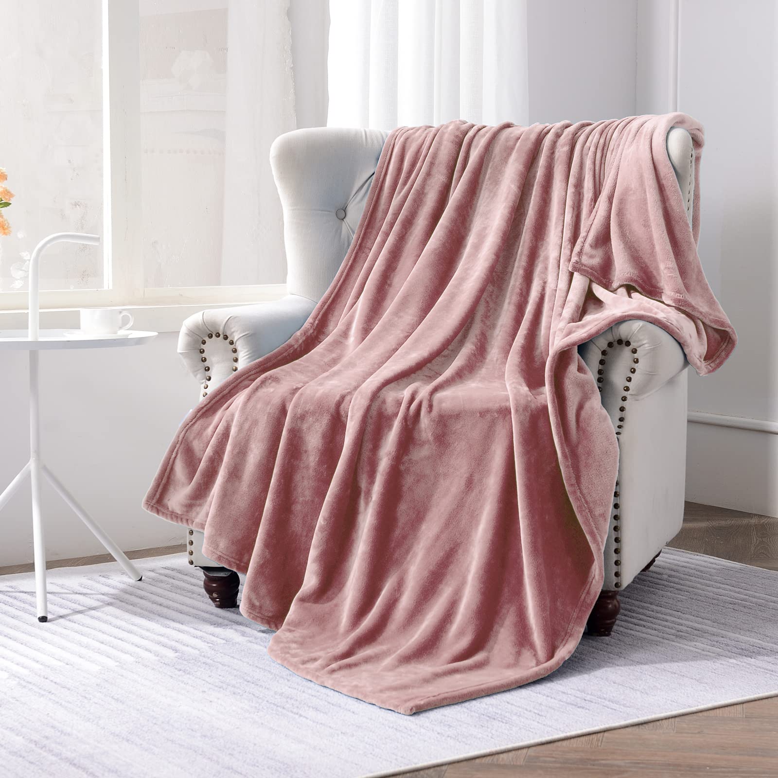 Sochow Flannel Fleece Blanket King Size, All Season Lightweight Super Soft Cozy Blanket For Bed Or Couch, Dusty Pink, 90X108 Inc