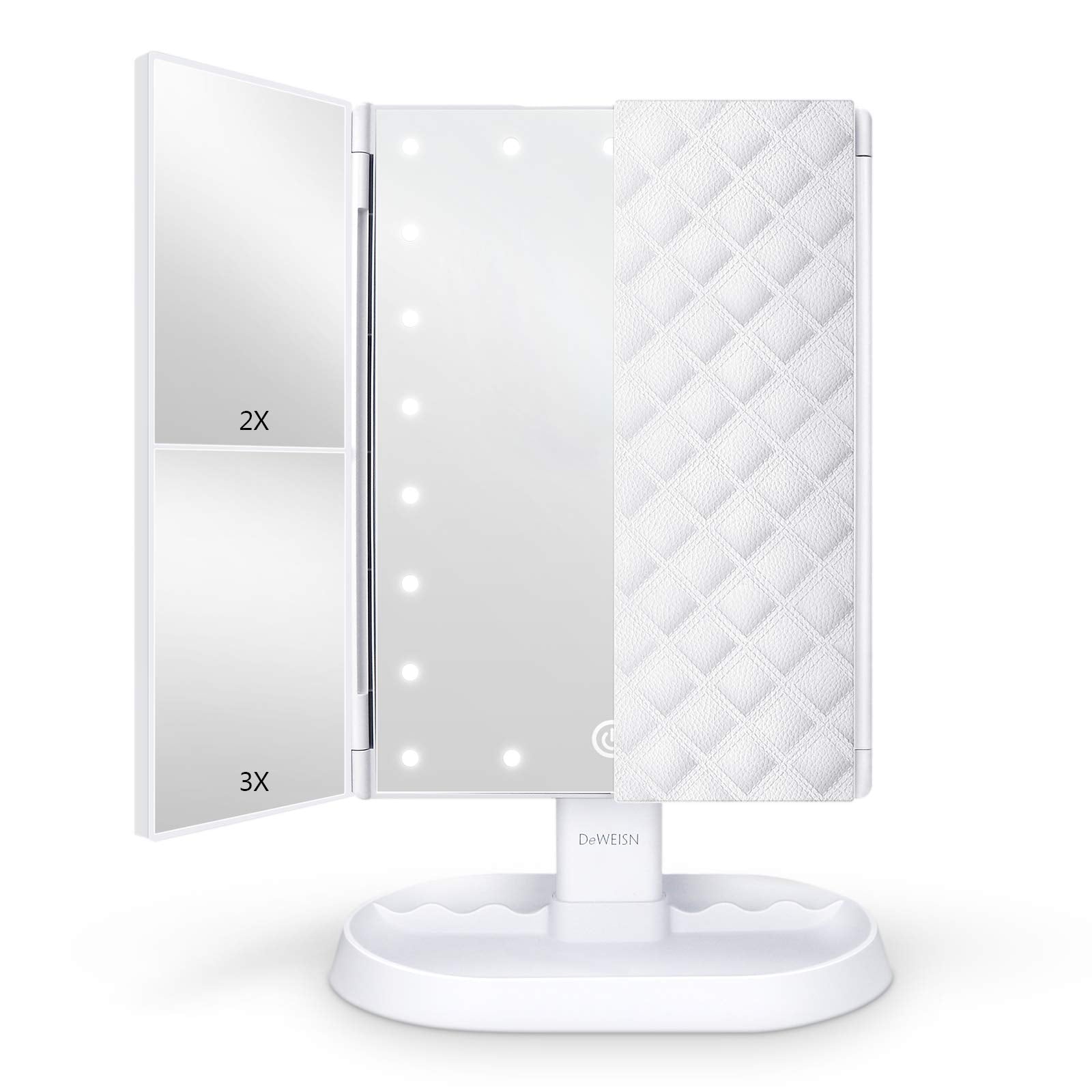 deweisn Trifold Lighted Vanity Makeup Mirror with 21 LEDs Lights,1x/2x/3x Magnification and Touch Screen Dimming,Two Power Suppl