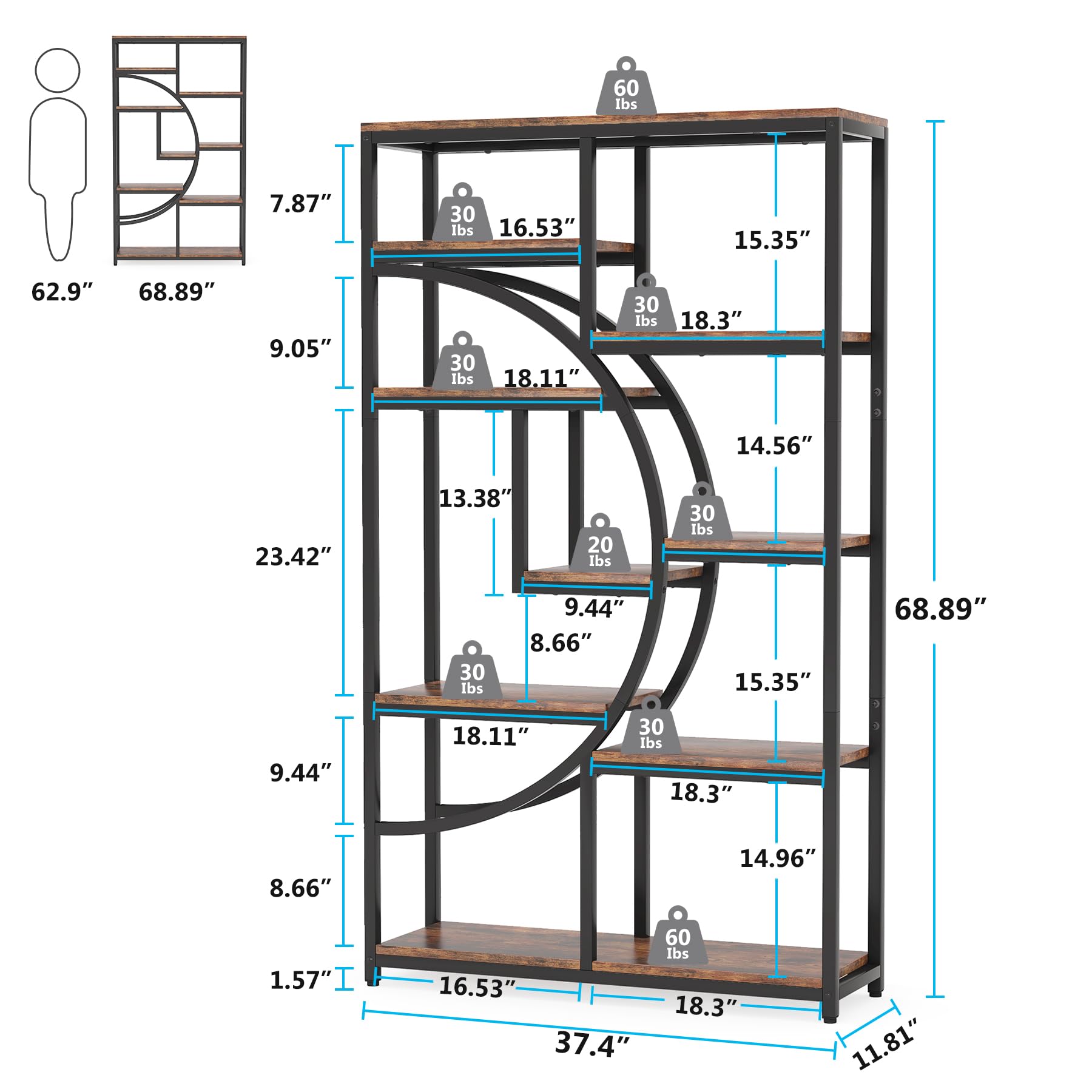 Tribesigns Bookshelf Industrial 5 Tier Etagere Bookcase, Freestanding Tall Bookshelves Display Shelf Storage Organizer With 9-Open Storage Shelf For Living Room, Bedroom
