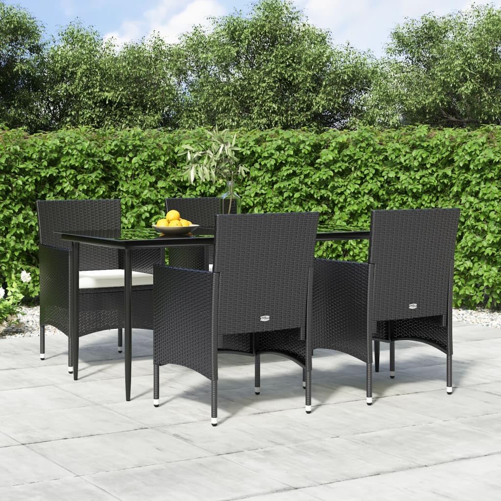 vidaXL 7-Piece Patio Dining Set - Black Poly Rattan Outdoor Seating, Thick Cushions, Tempered Glass Tabletop for Garden, Patio, Deck Dining and Lounging