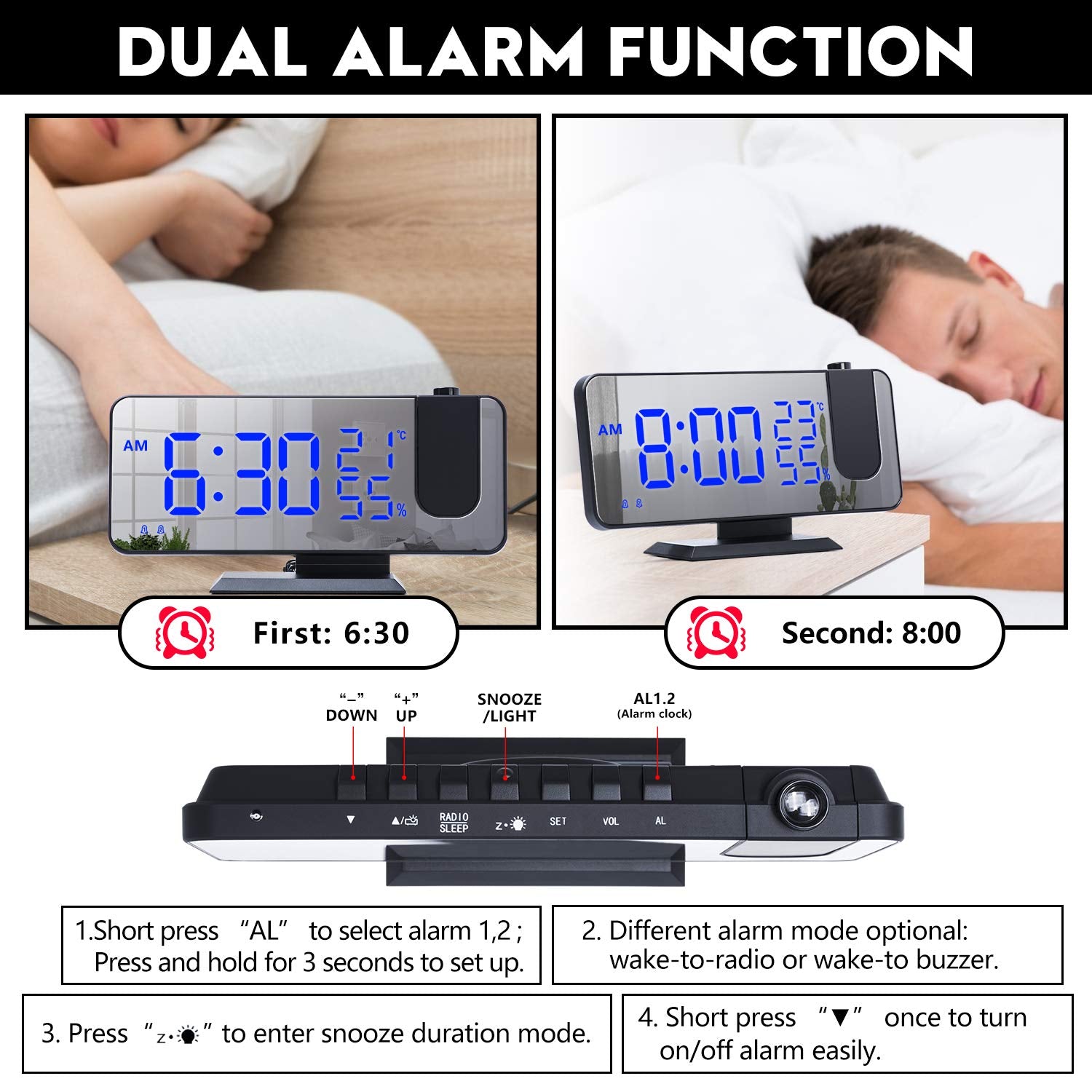 Hanaix AC-03 Projection Digital Alarm Clock with USB Charger, Black-Blue