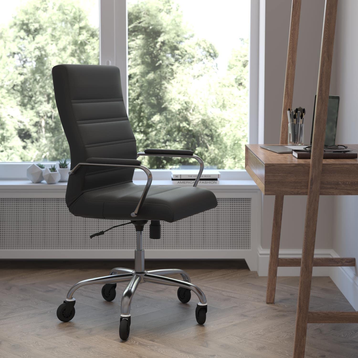 Flash Furniture Whitney High Back Black Leathersoft Executive Swivel Office Chair With Chrome Frame, Arms, And Transparent Roller Wheels