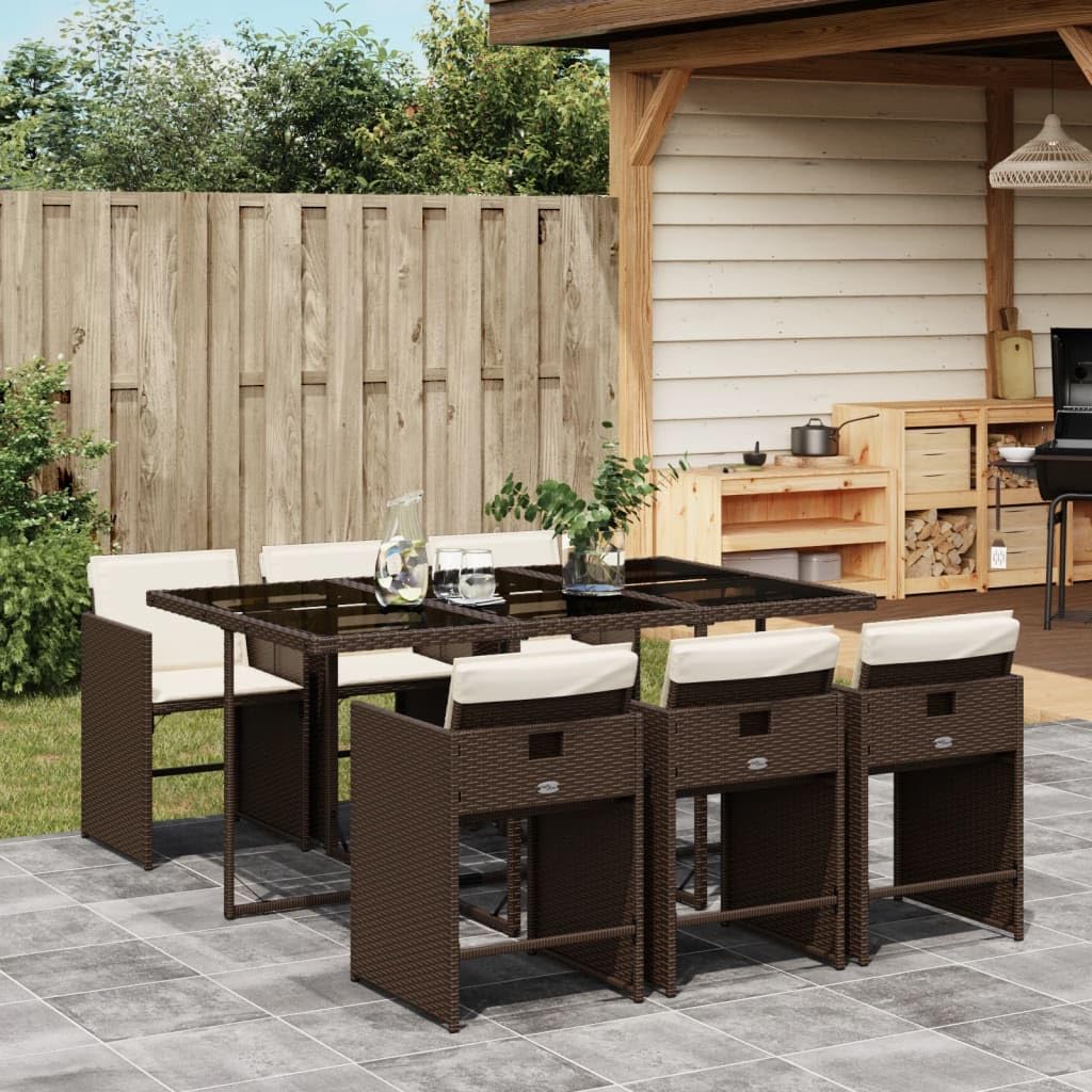 vidaXL Patio Dining Set with Cushions - 7 Piece Poly Rattan, Brown, Foldable Chairs, Tempered Glass Tabletop, Washable Covers